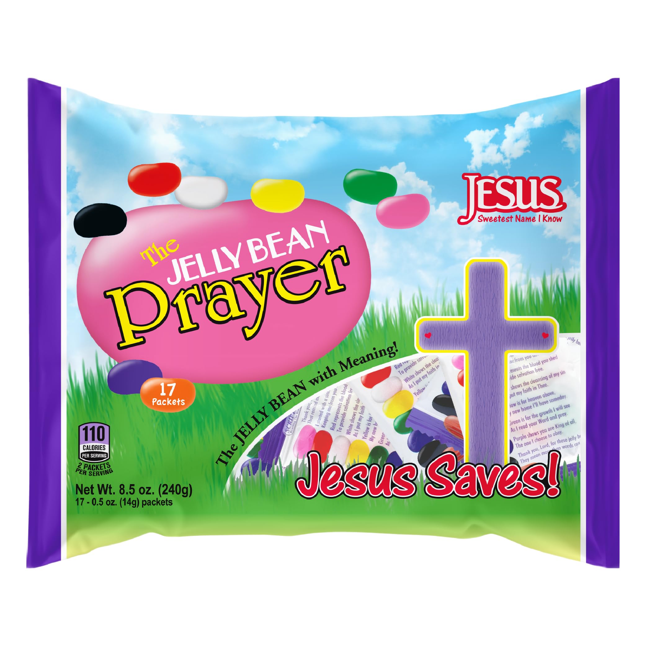 Scripture Candy jelly bean prayer bag front highlights colorful Easter candy for sharing.