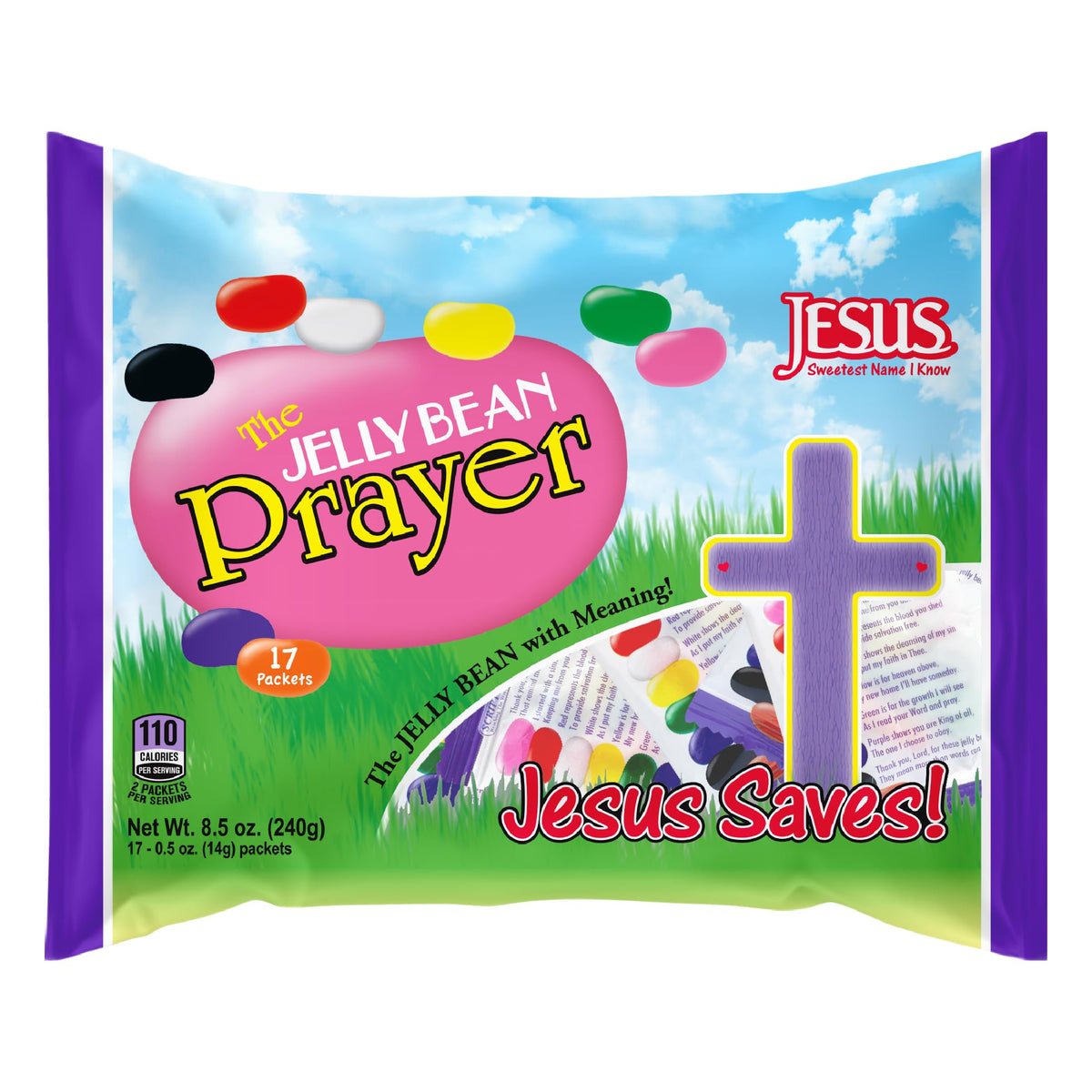 Scripture Candy jelly bean prayer bag front highlights colorful Easter candy for sharing.