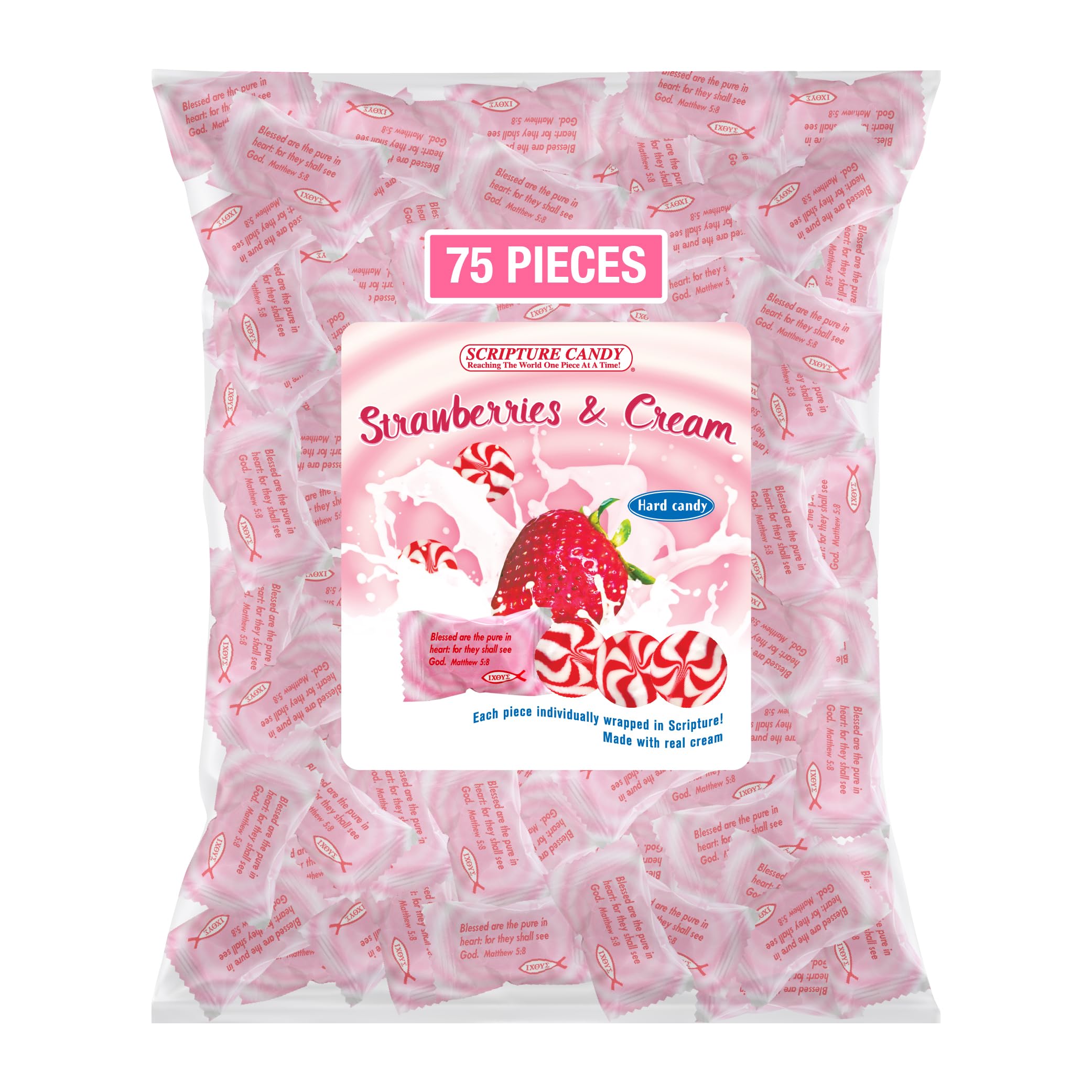 Scripture Candy Strawberries & Cream hard candy bag with orange candies, ideal for gifting.