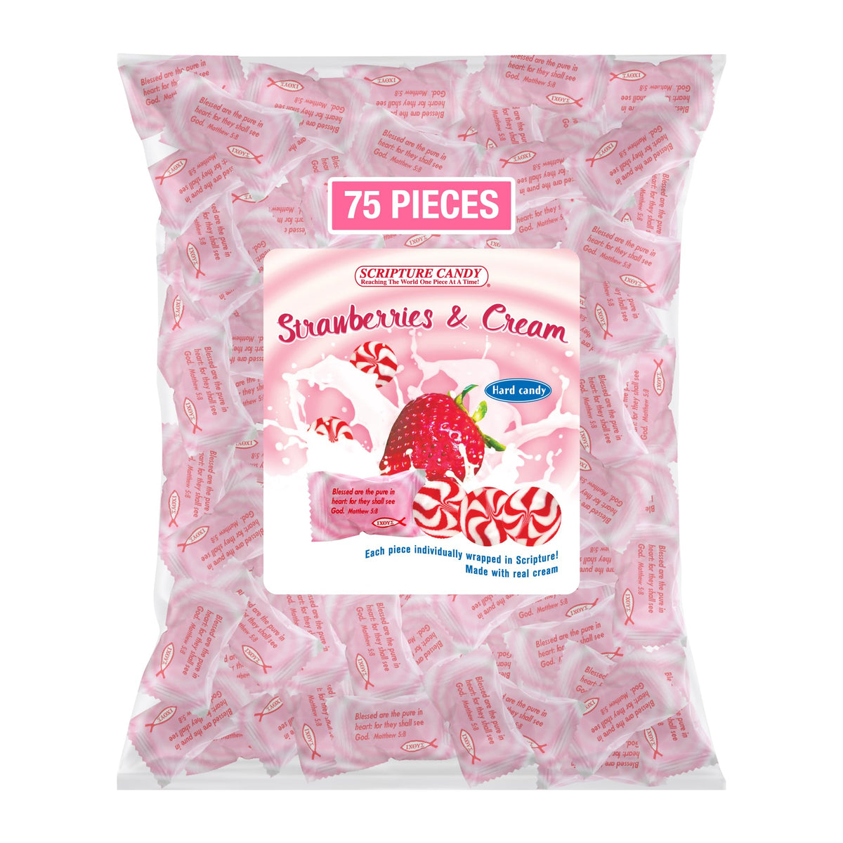 Scripture Candy Strawberries & Cream hard candy bag with orange candies, ideal for gifting.