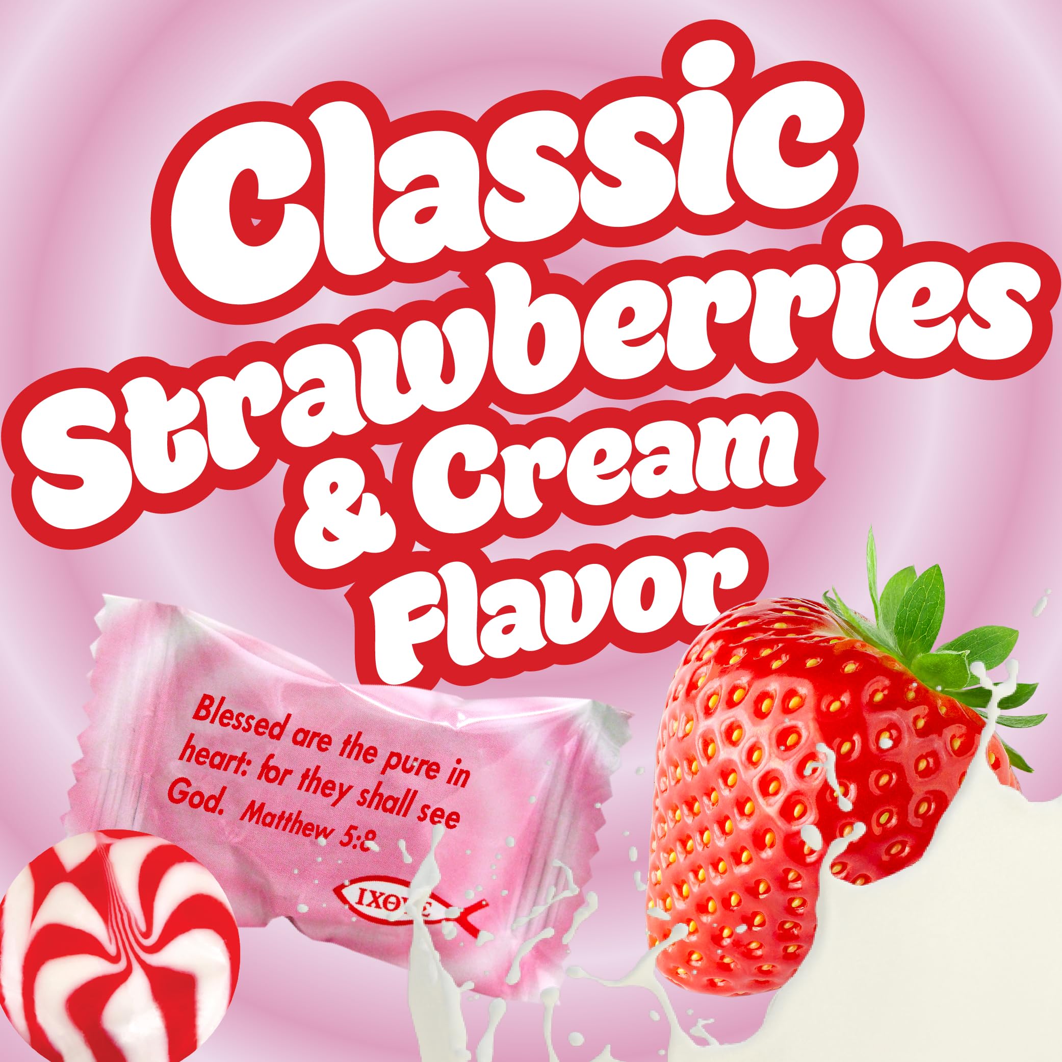 Scripture Candy Strawberries & Cream hard candy closeup shows glossy wrappers, perfect for party displays.