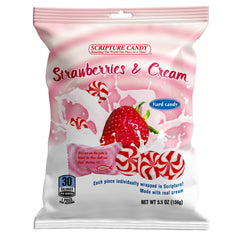 Scripture Candy strawberry-cream bag with 25 wrapped candies for sharing