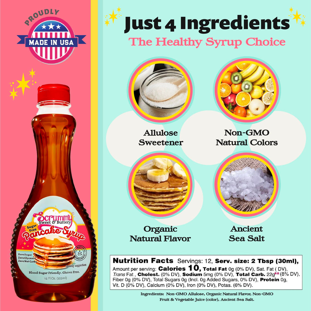 Scrummy Pancake Syrup bottle front view highlights product design and flavor