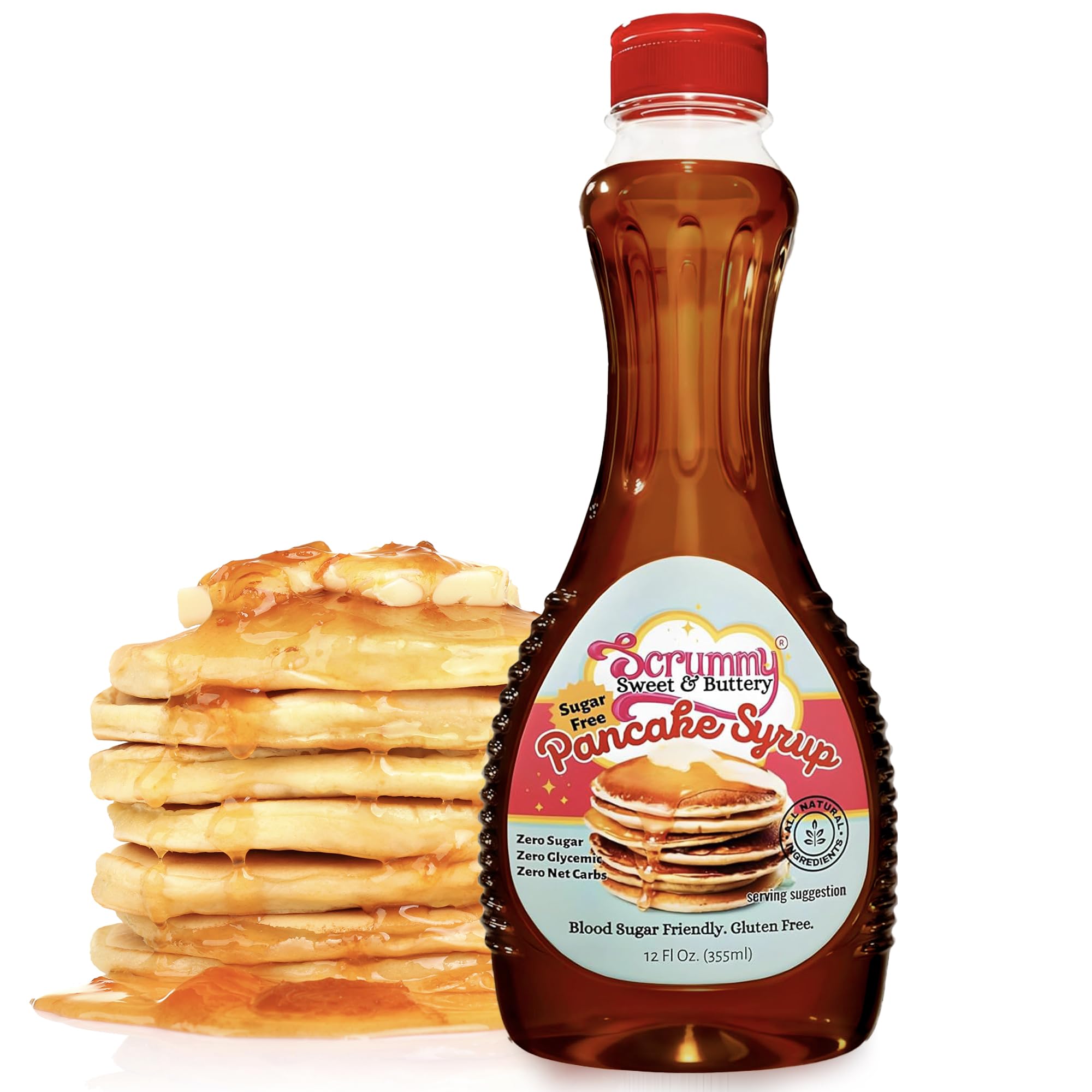 Scrummy Pancake Syrup bottle pour shows zero sugar sweetness for breakfast