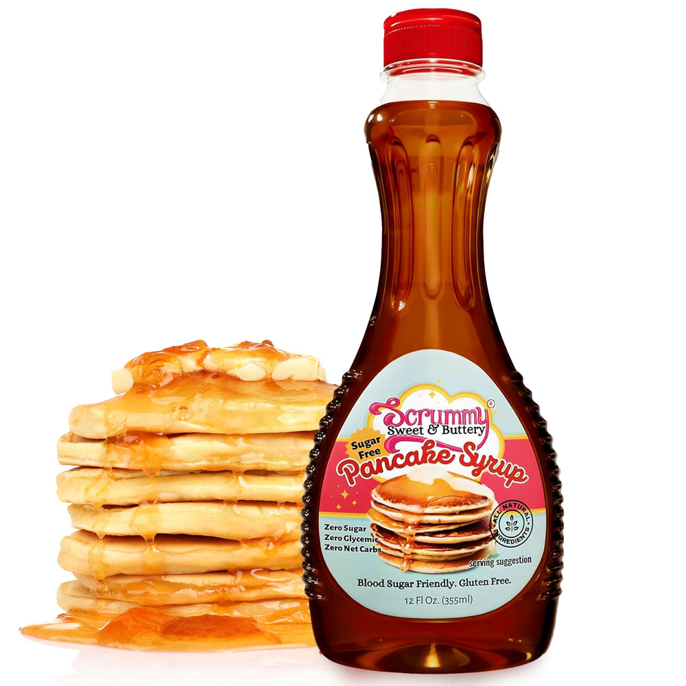 Scrummy Pancake Syrup bottle pour shows zero sugar sweetness for breakfast