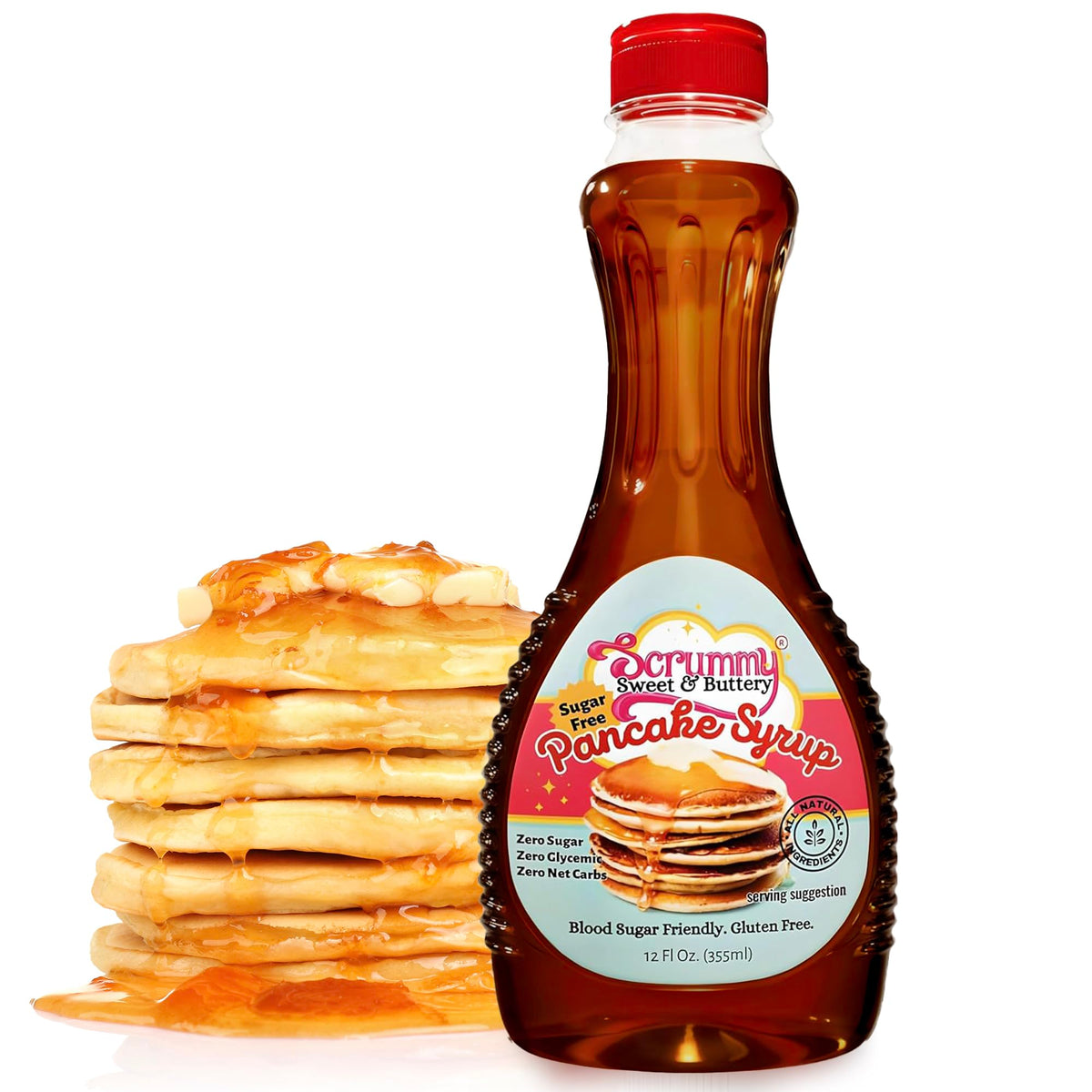 Scrummy Pancake Syrup bottle pour shows zero sugar sweetness for breakfast