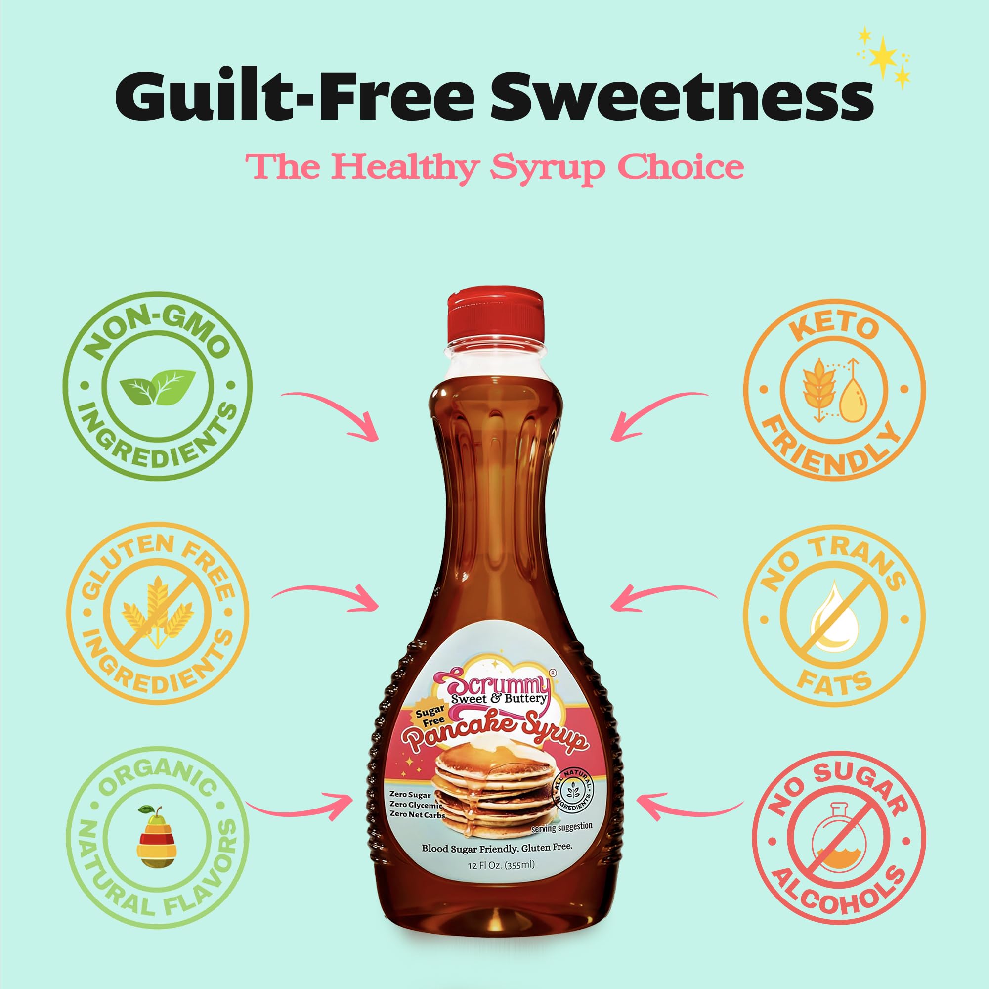 Scrummy Pancake Syrup label closeup reveals organic flavors and zero sugar