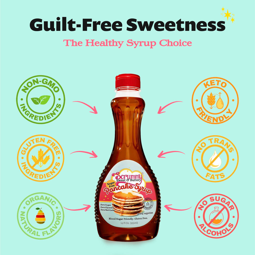 Scrummy Pancake Syrup label closeup reveals organic flavors and zero sugar