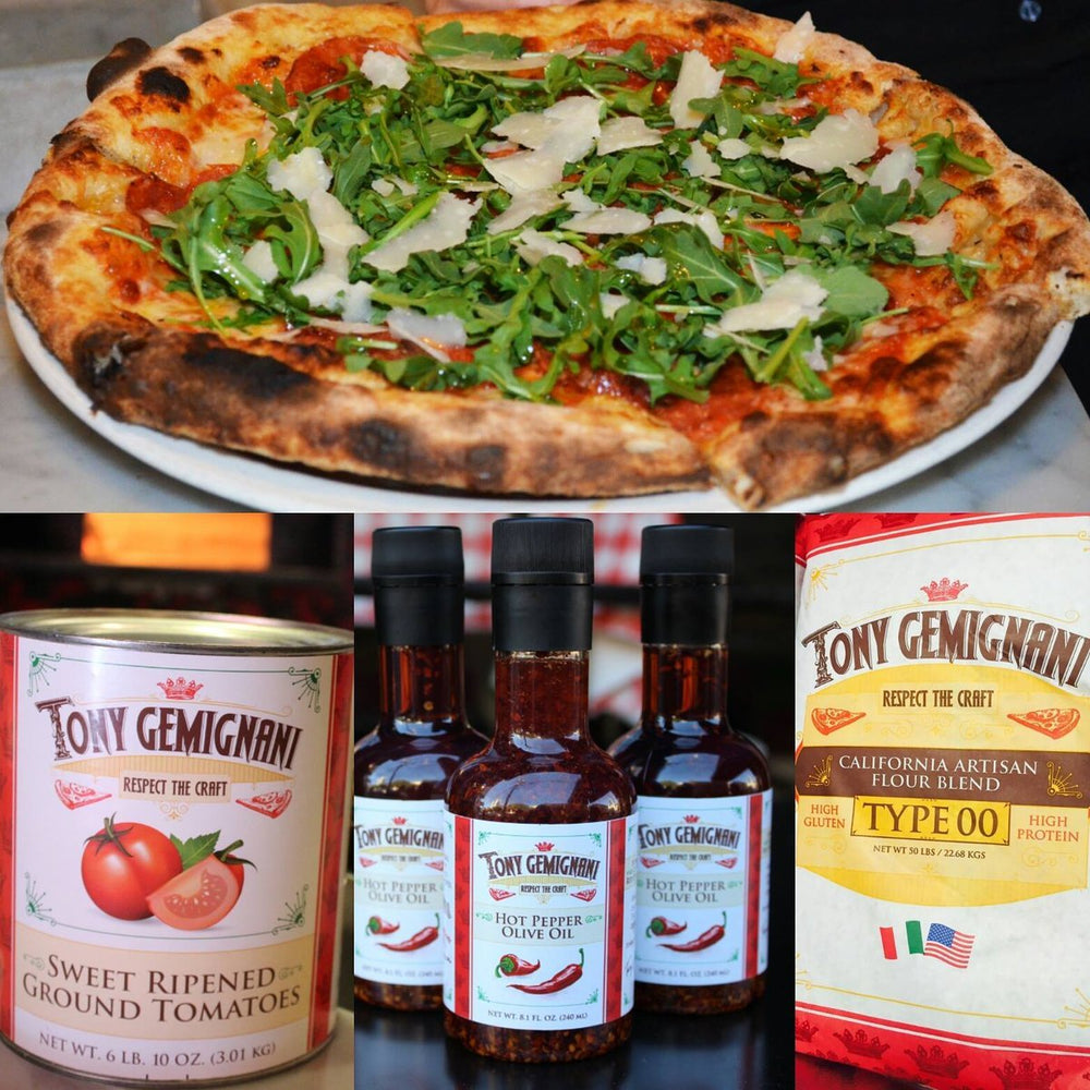 Dual-flow pour spout on Tony Gemignani olive oil for precise portions.
