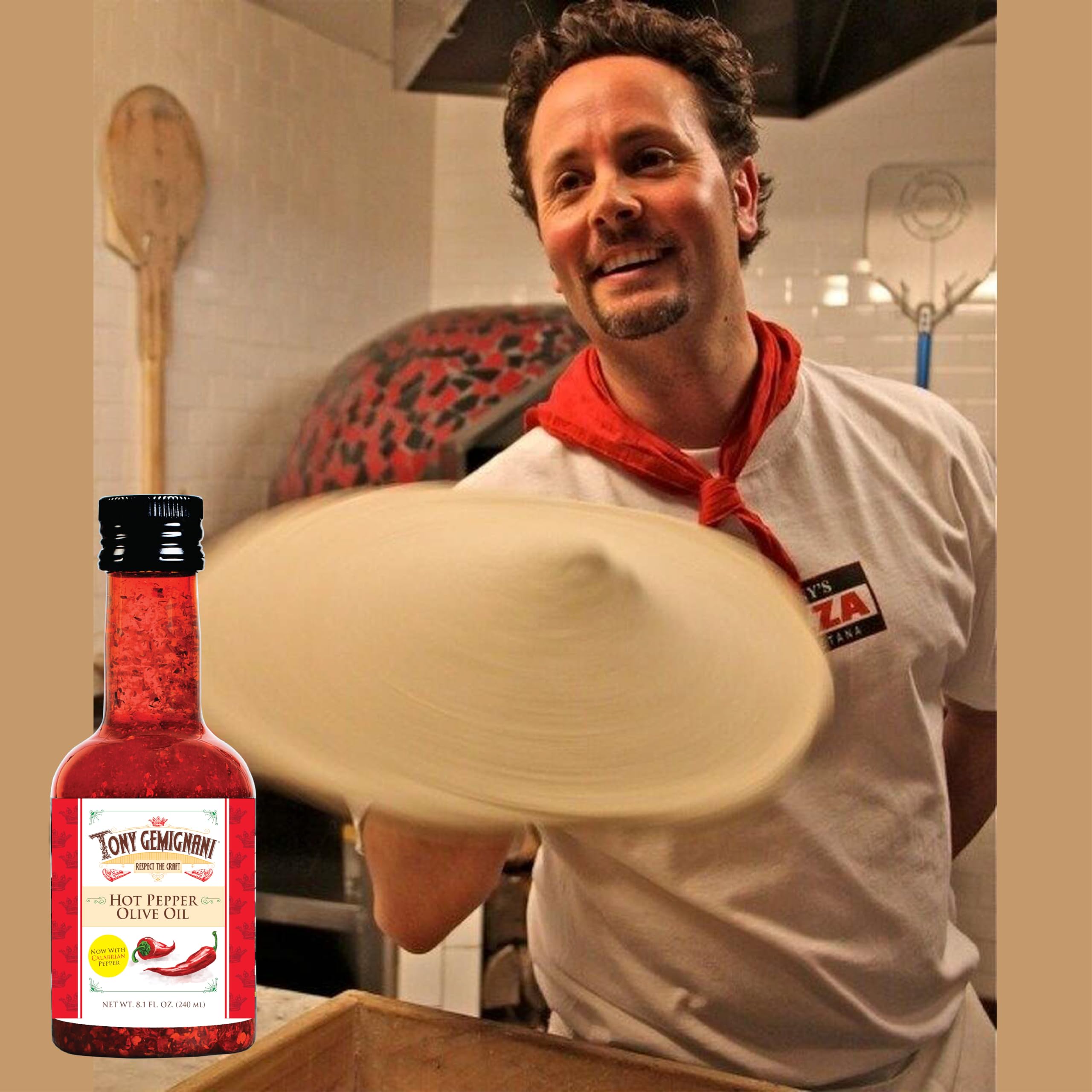 Pizza night enhanced by Tony Gemignani hot pepper olive oil.