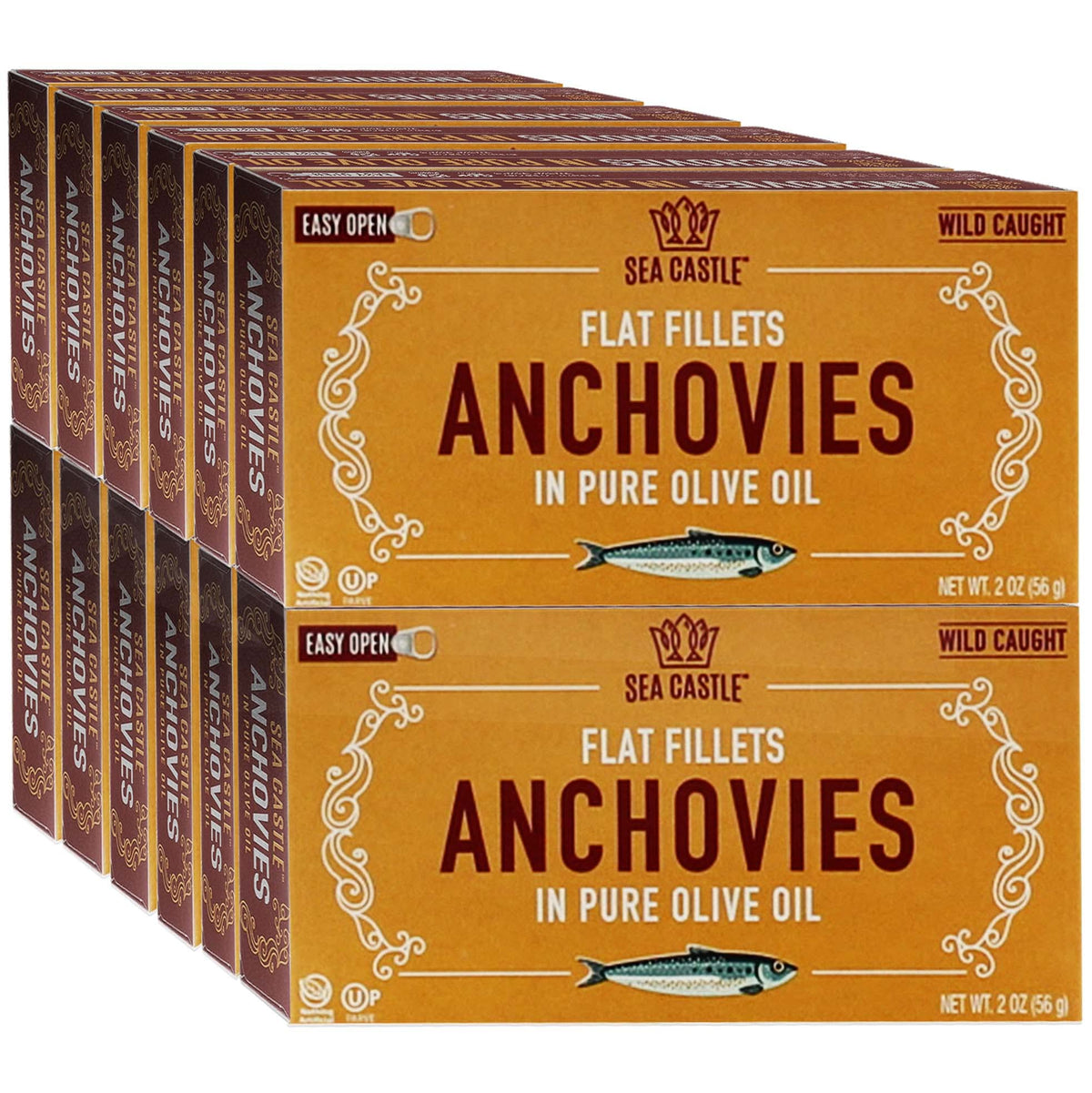 Sea Castle anchovies in olive oil packshot, premium Moroccan wild caught flavor