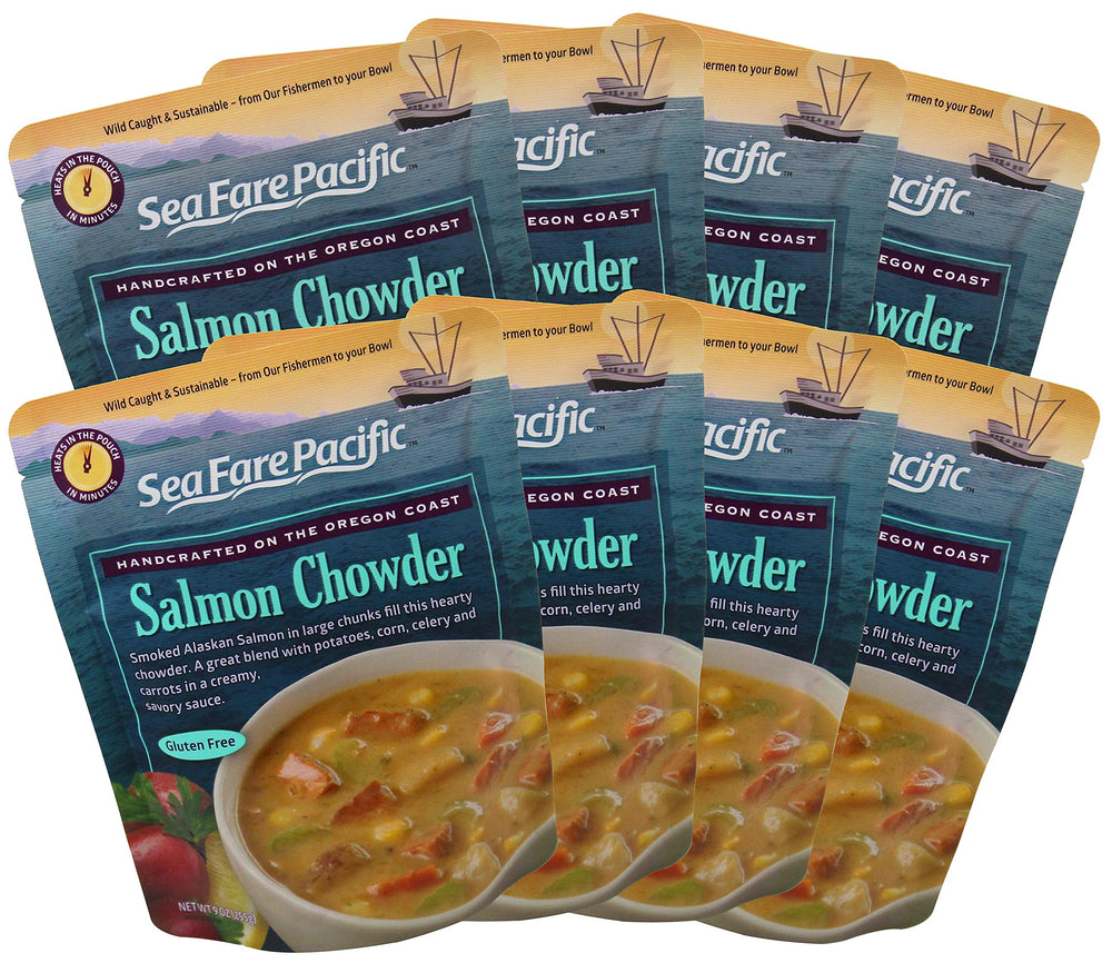 Sea Fare Pacific Smoked Salmon Chowder bowl with corn, potatoes, and salmon appears hearty.