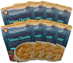 Sea Fare Pacific Smoked Salmon Chowder bowl with corn, potatoes, and salmon appears hearty.