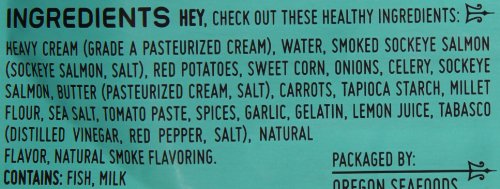 Sea Fare Pacific Smoked Salmon Chowder ingredients list shows gluten-free, non-GMO ingredients.