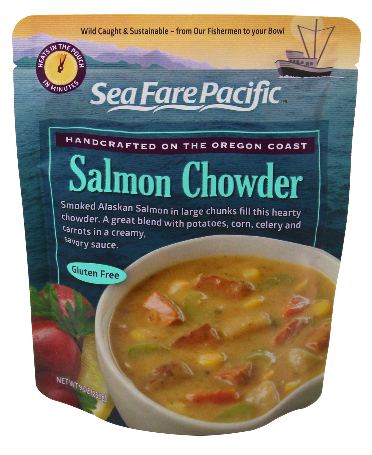Sea Fare Pacific Smoked Salmon Chowder pouch packaging highlights BPA-free, ready-to-heat soup.