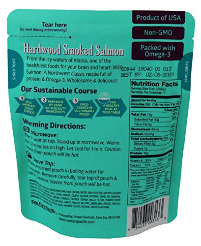 Sea Fare Pacific Smoked Salmon Chowder serving cup demonstrates quick 90-second meal option.