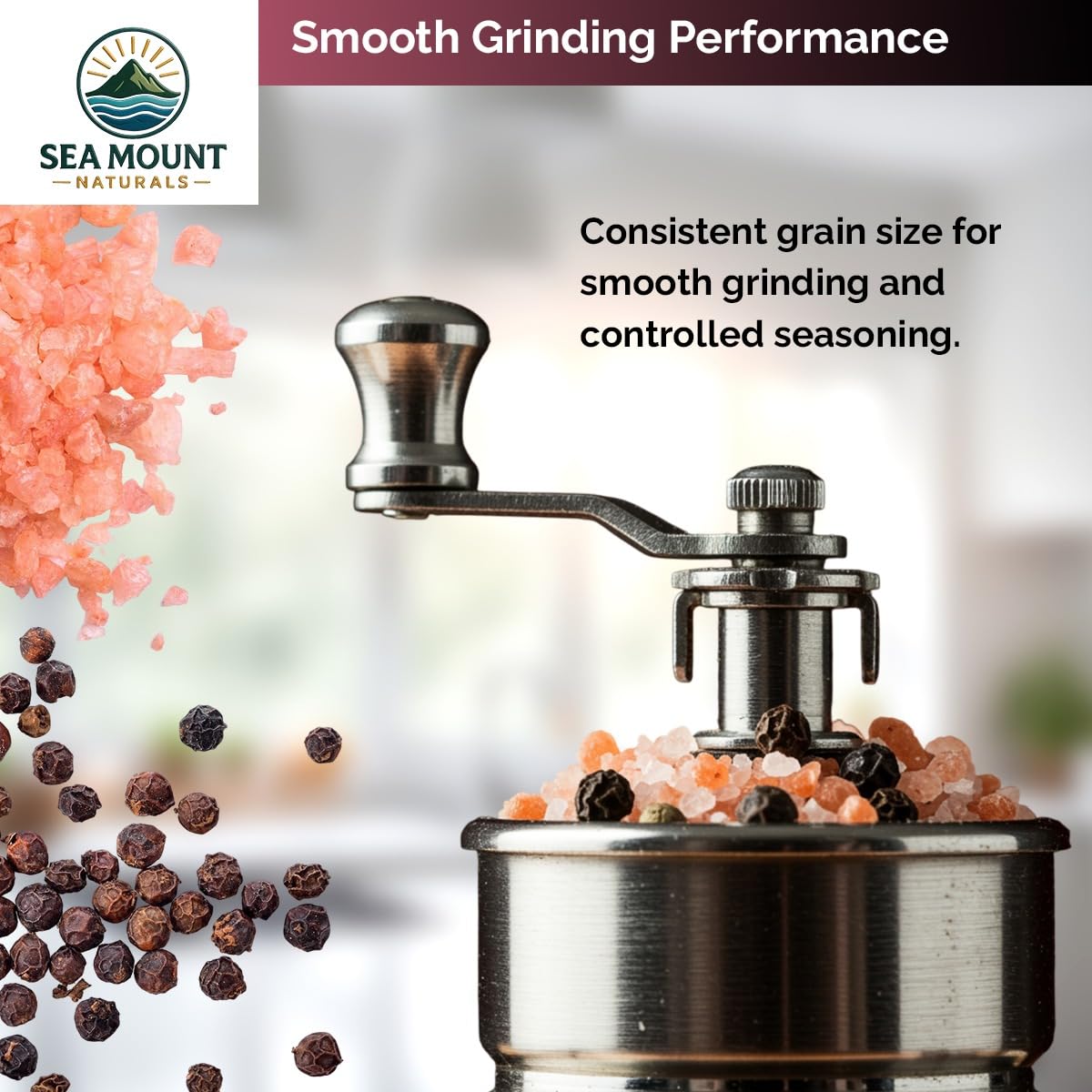 Sea Mount Naturals kitchen setup shows convenient storage and grinders on display