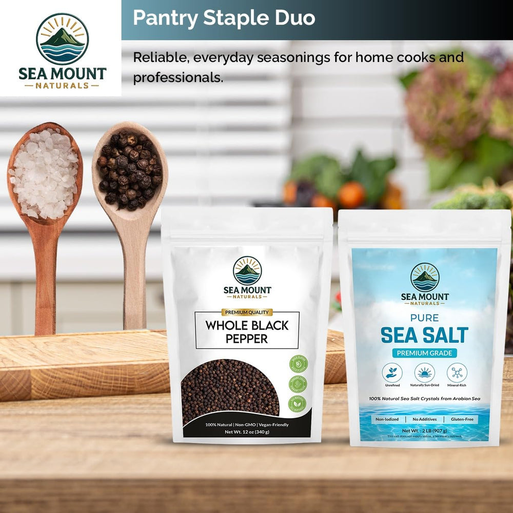 Sea Mount Naturals kitchen scene with salt and pepper ready.