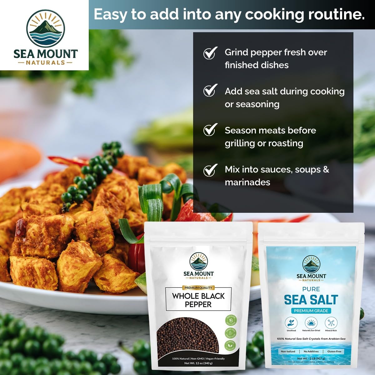 Sea Mount Naturals coarse sea salt crystals ready to season.
