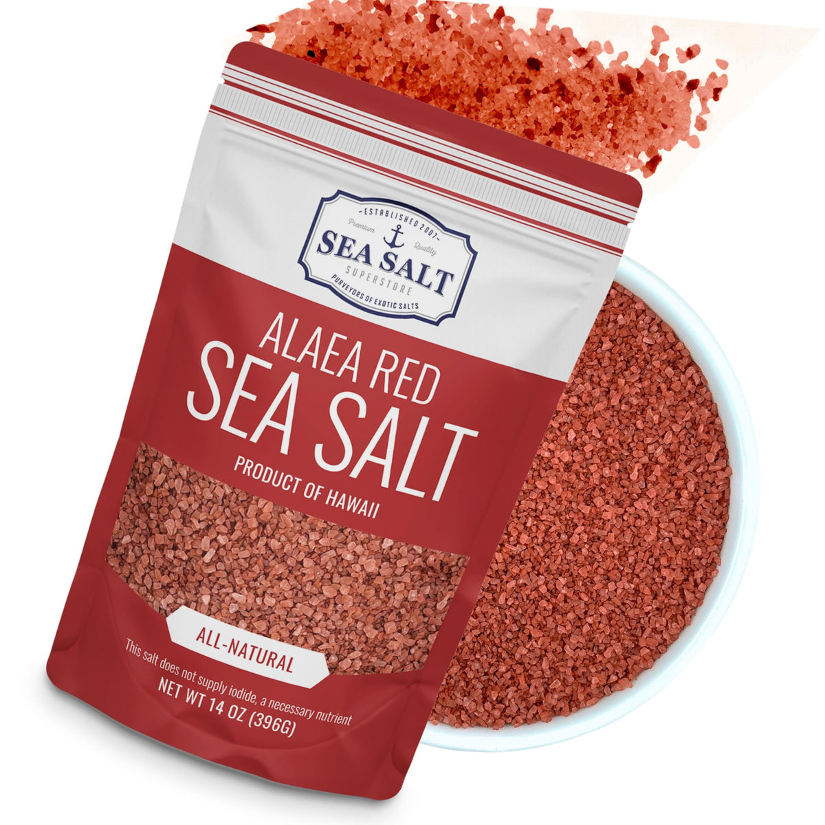 Sea Salt Superstore Alaea Red Salt bag shows vivid color for natural finishing