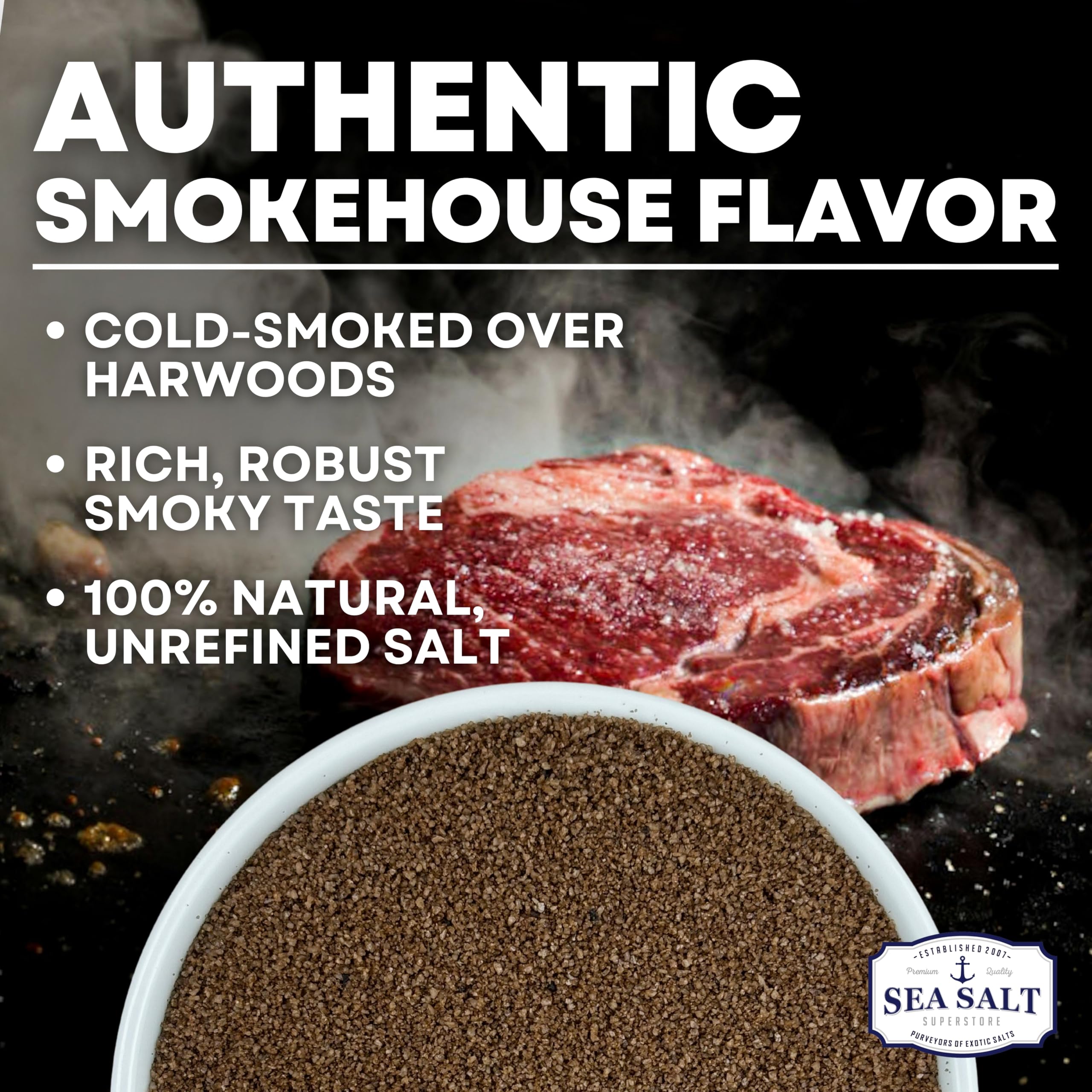Sea Salt Superstore alderwood smoke detail featuring deep smoky aroma for grilled dishes.