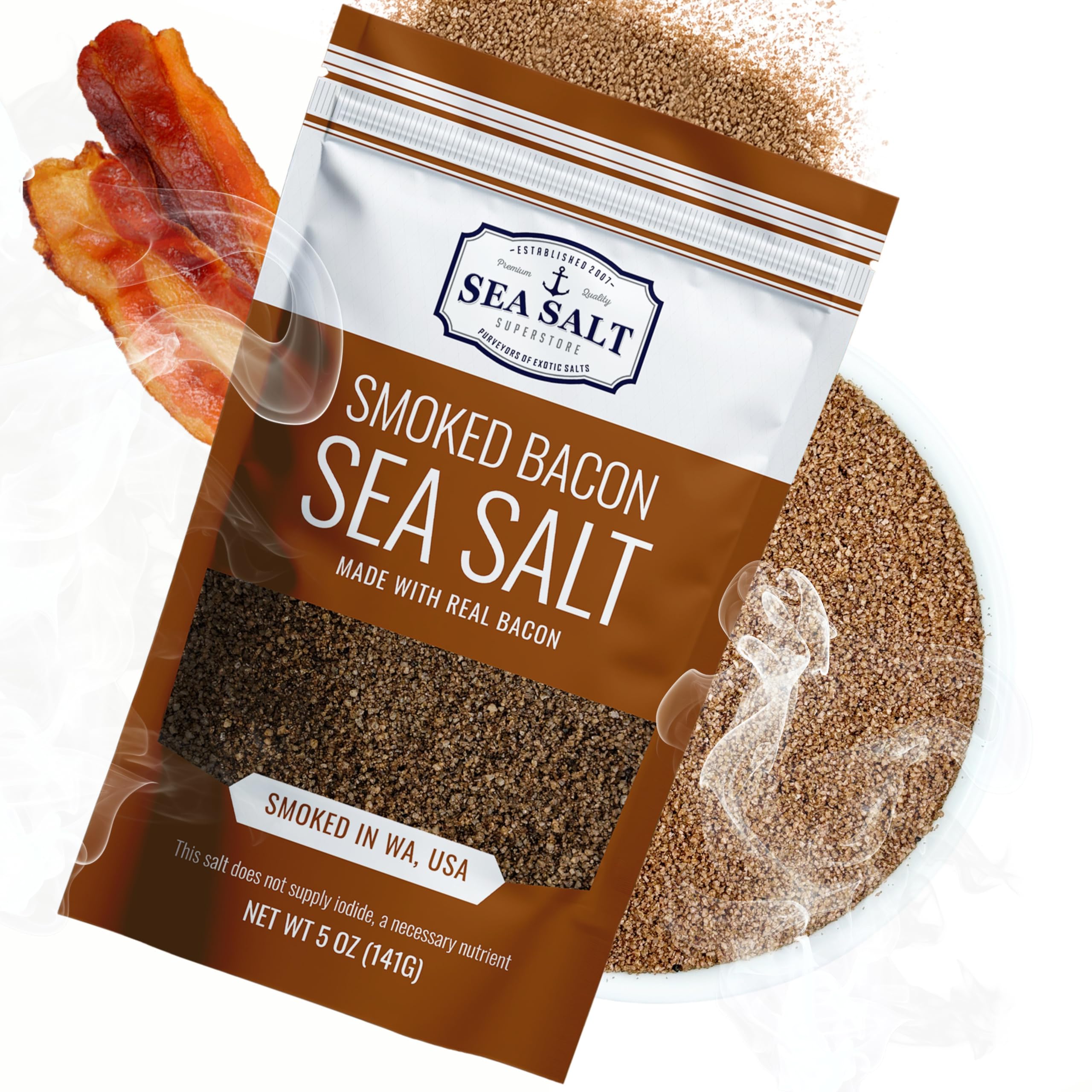 Sea Salt Superstore bacon seasoning alderwood smoked bottle pour enhances smoky flavor.
