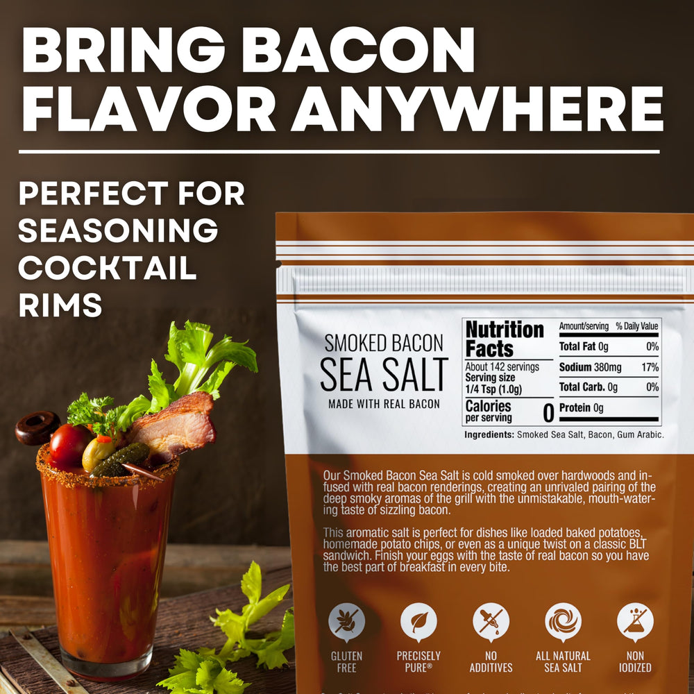 Sea Salt Superstore bacon seasoning packaging label highlights premium Alderwood-smoked flavor.
