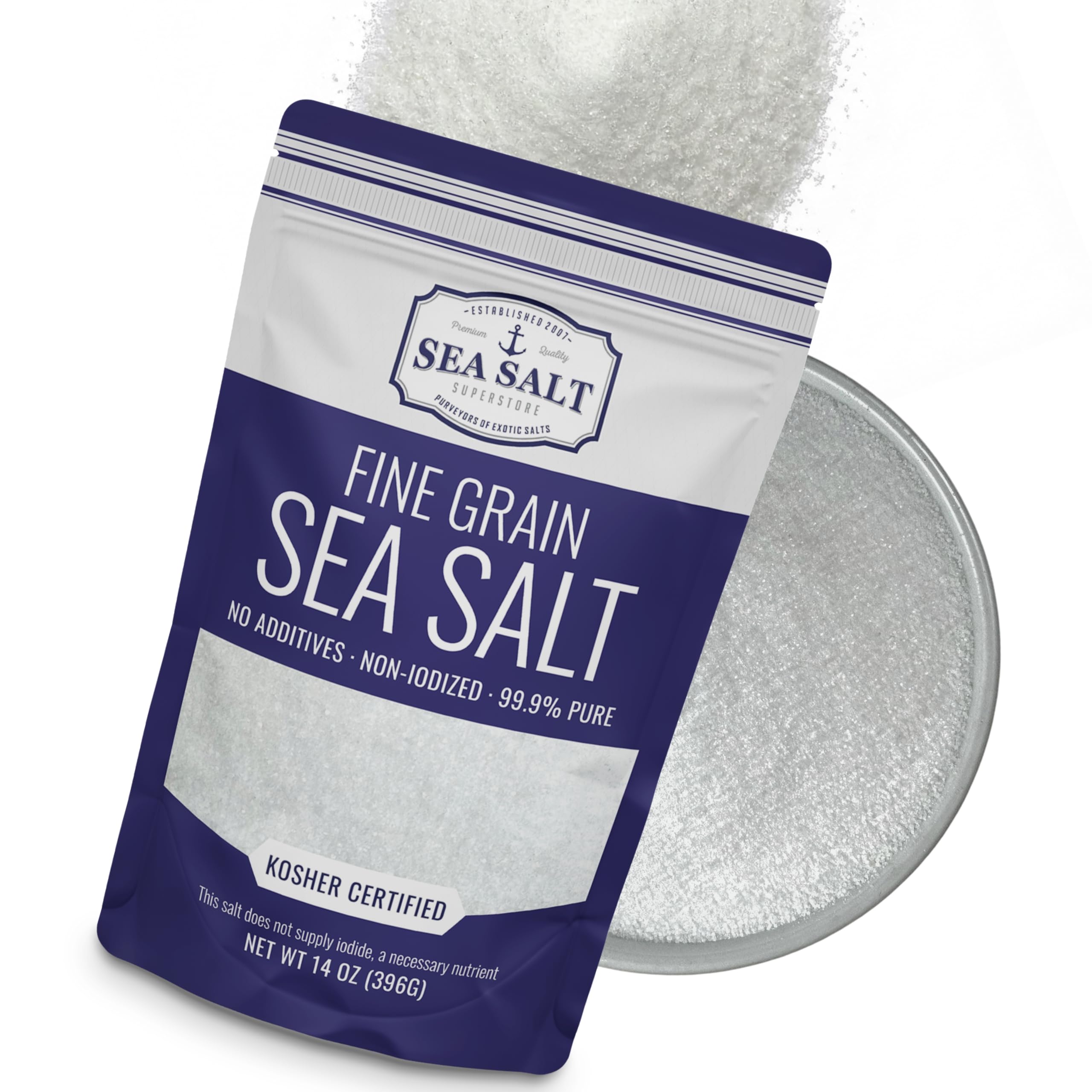Sea Salt Superstore Baja bottle shows pure mineral-rich salt for even seasoning.