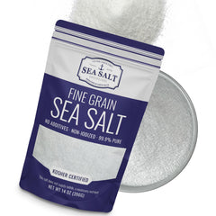 Sea Salt Superstore Baja bottle shows pure mineral-rich salt for even seasoning.