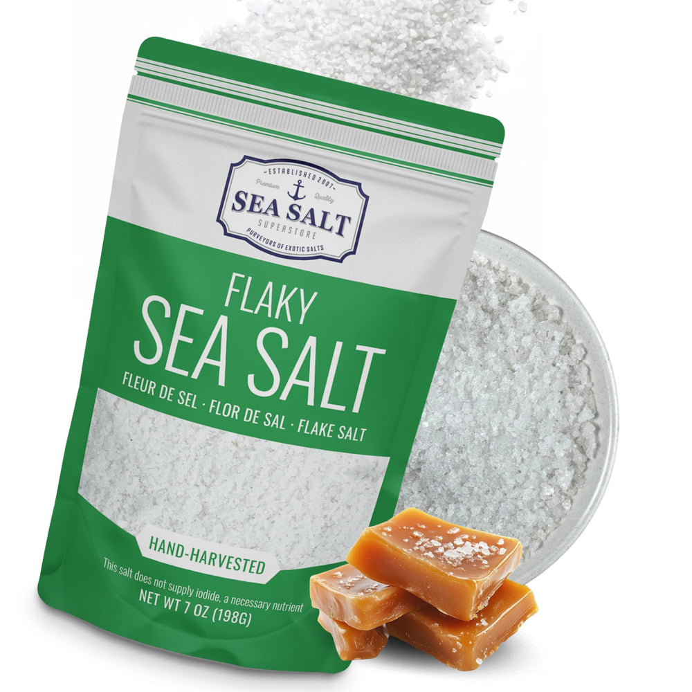 Sea Salt Superstore Baja Fleur de Sel flakes in a bottle for finishing dishes.