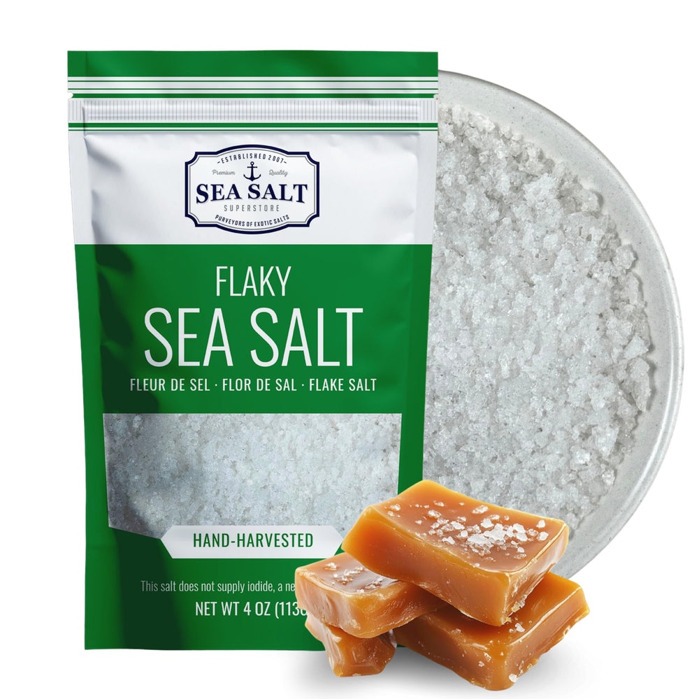 Sea Salt Superstore Baja Fleur de Sel grains in a bag ready to finish dishes with delicate crunch.