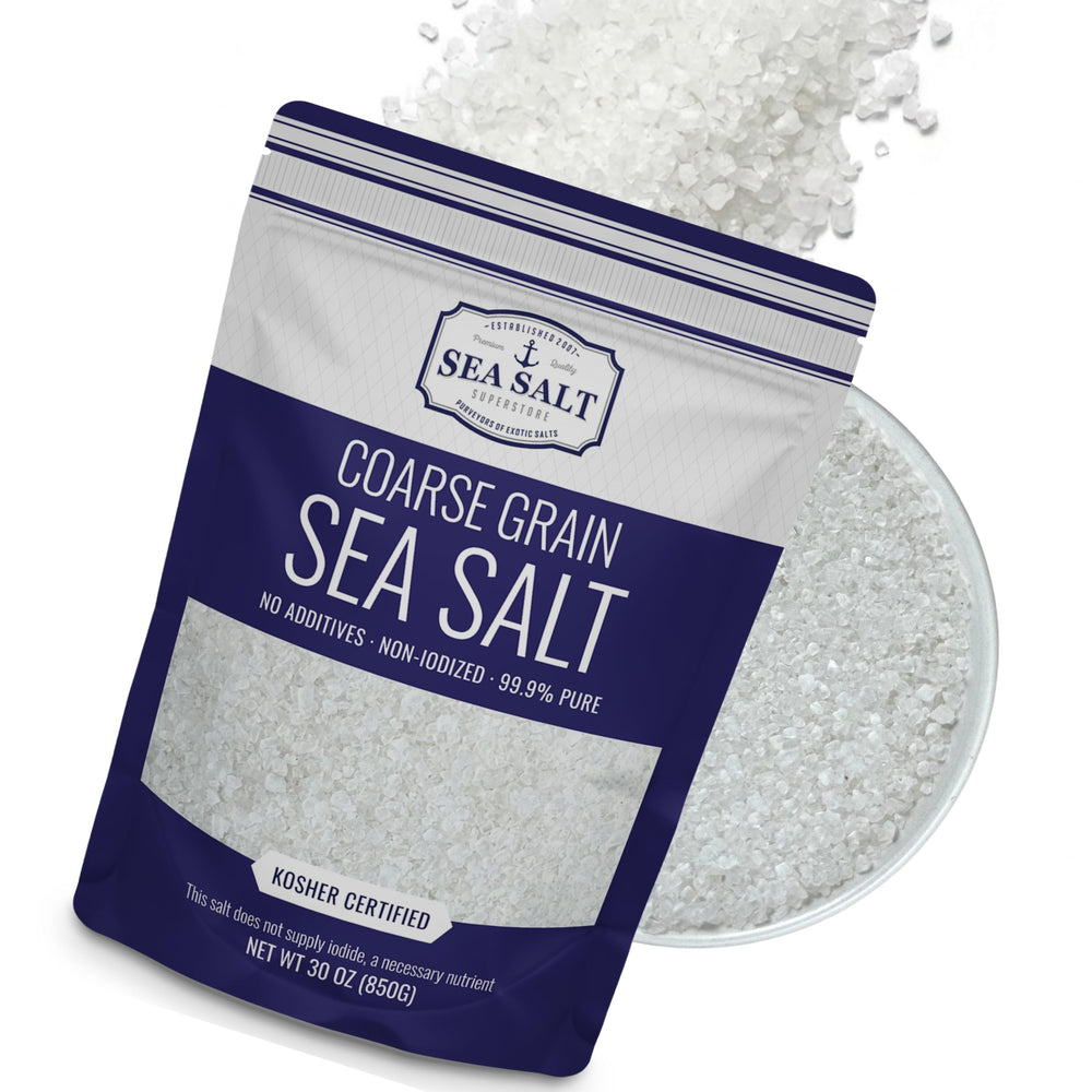 Sea Salt Superstore Baja coarse salt for grinder refills adding depth to dishes.