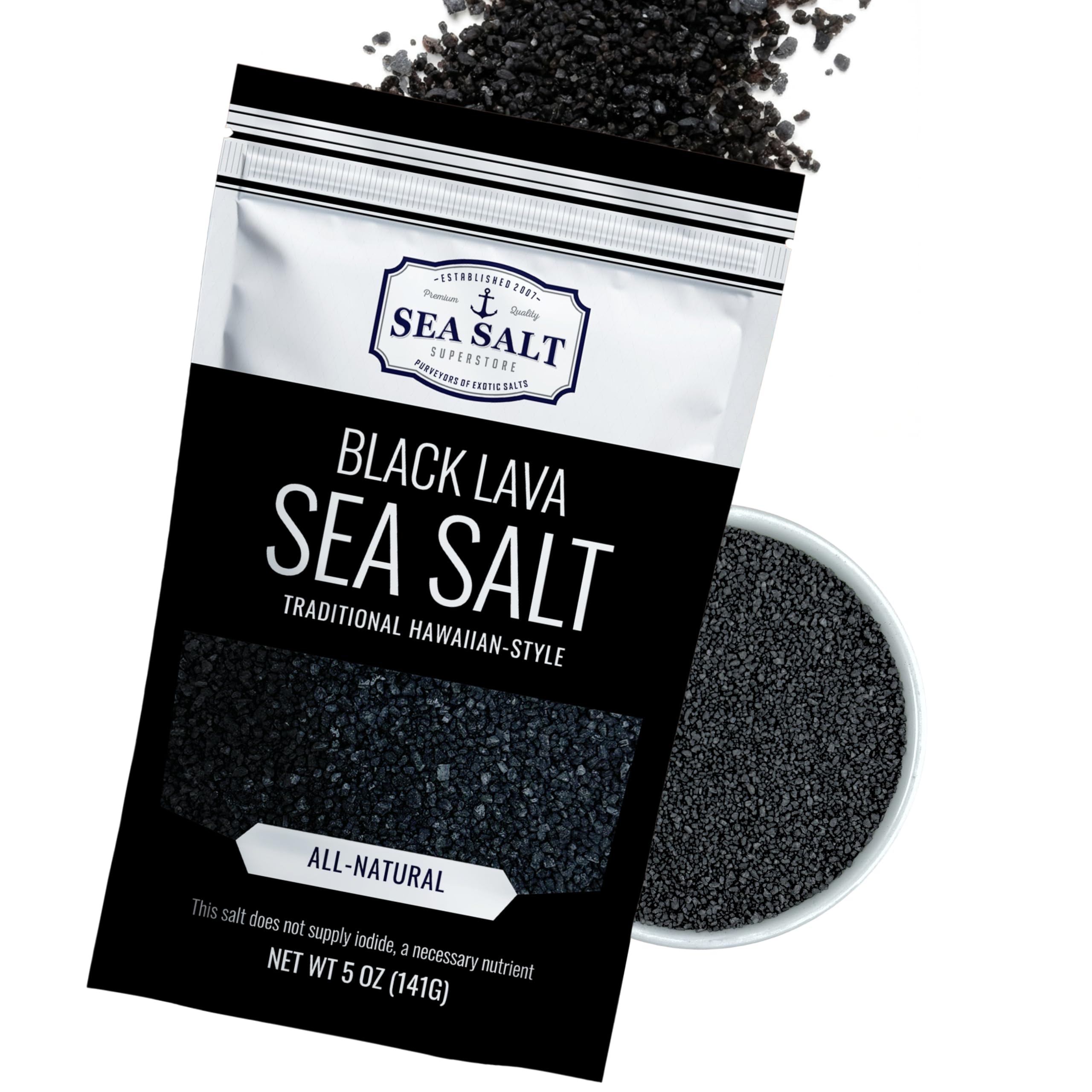 Sea Salt Superstore black lava salt bottle for finishing and grill seasoning.
