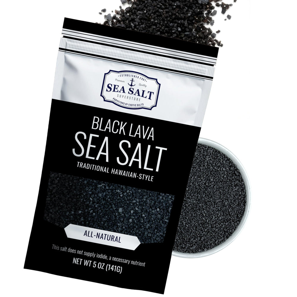 Sea Salt Superstore black lava salt bottle for finishing and grill seasoning.