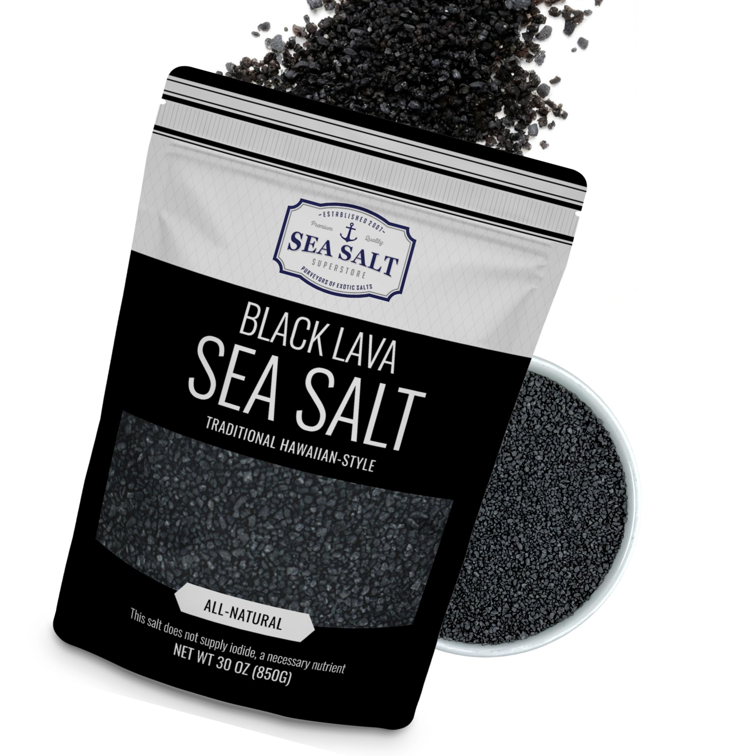 Sea Salt Superstore Black Lava Salt pour shows mild smokiness for versatile seasoning.