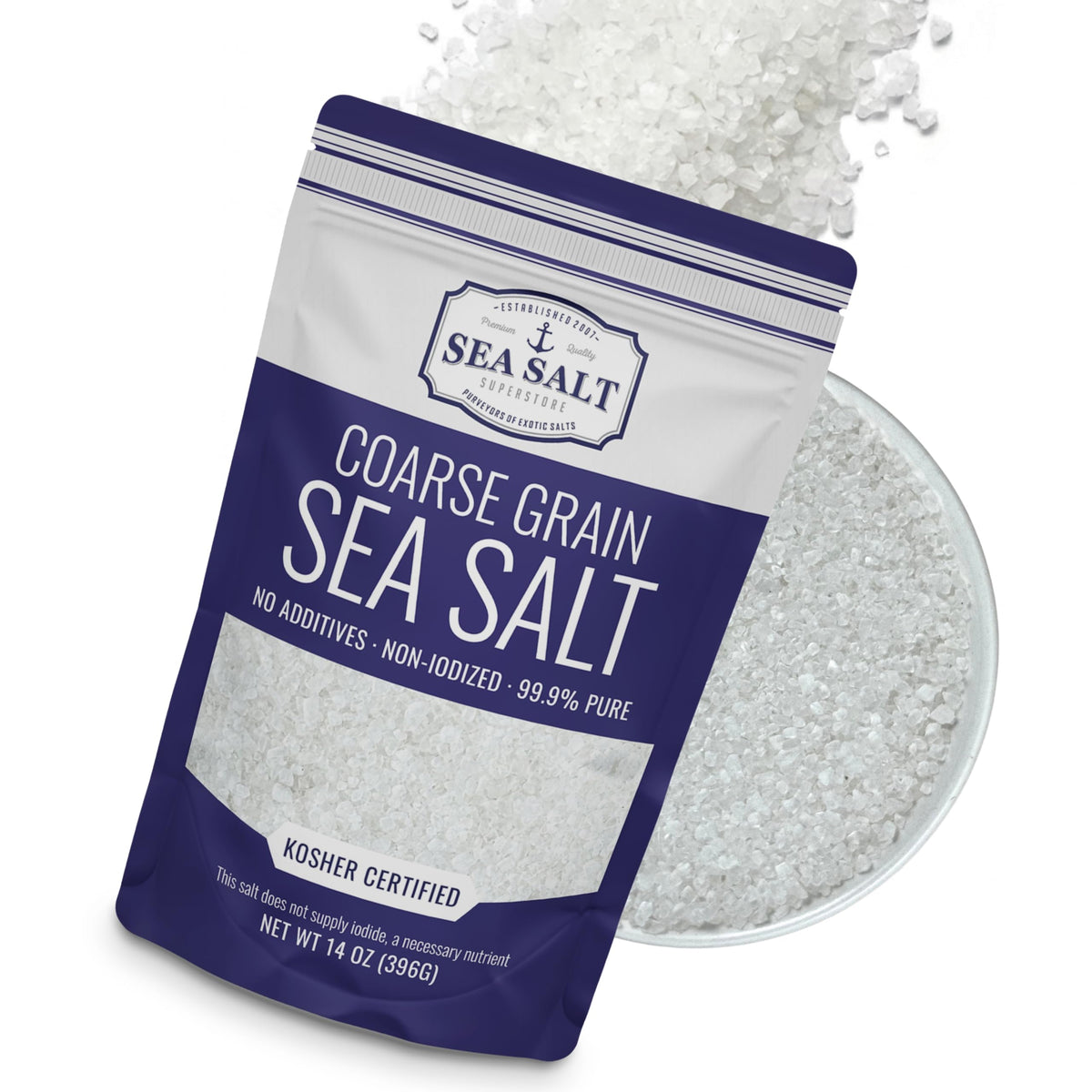 Sea Salt Superstore coarse salt bag for grinder refills enhances flavor and grind consistency.