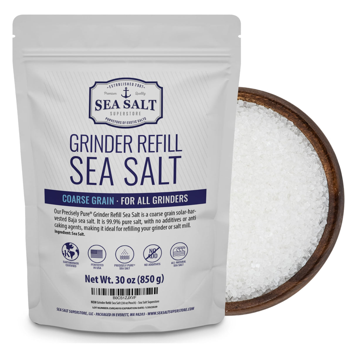 Sea Salt Superstore coarse Baja salt bag front with mineral-rich seasoning for daily cooking