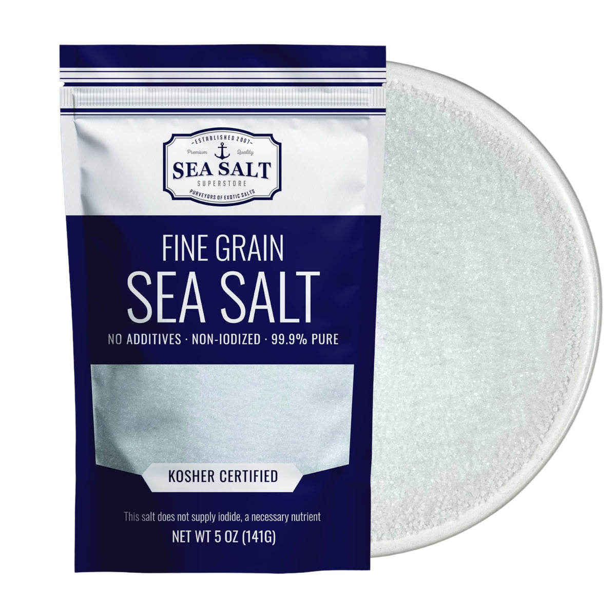 Sea Salt Superstore fine Baja salt bottle with quick-dissolving granules for even flavor.