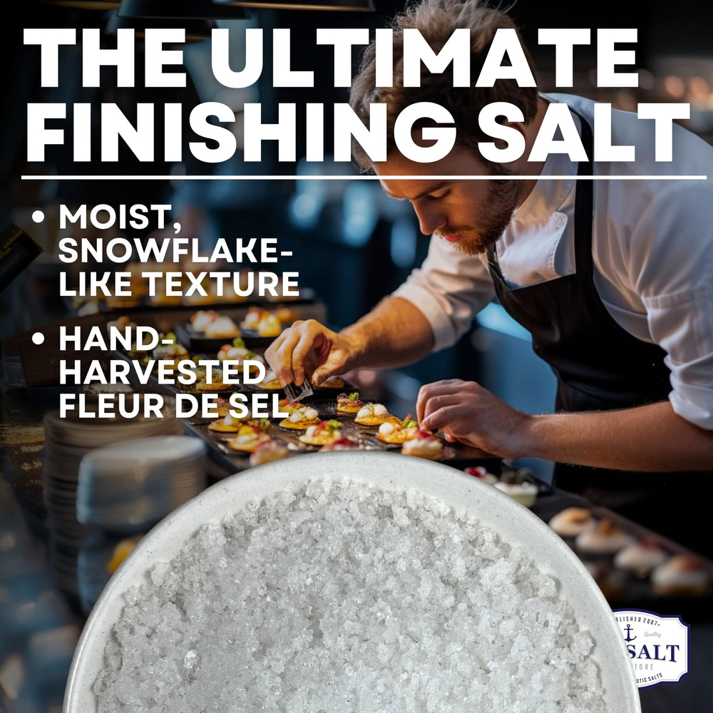 Sea Salt Superstore finishing salt sprinkle on greens for vibrant flavor.