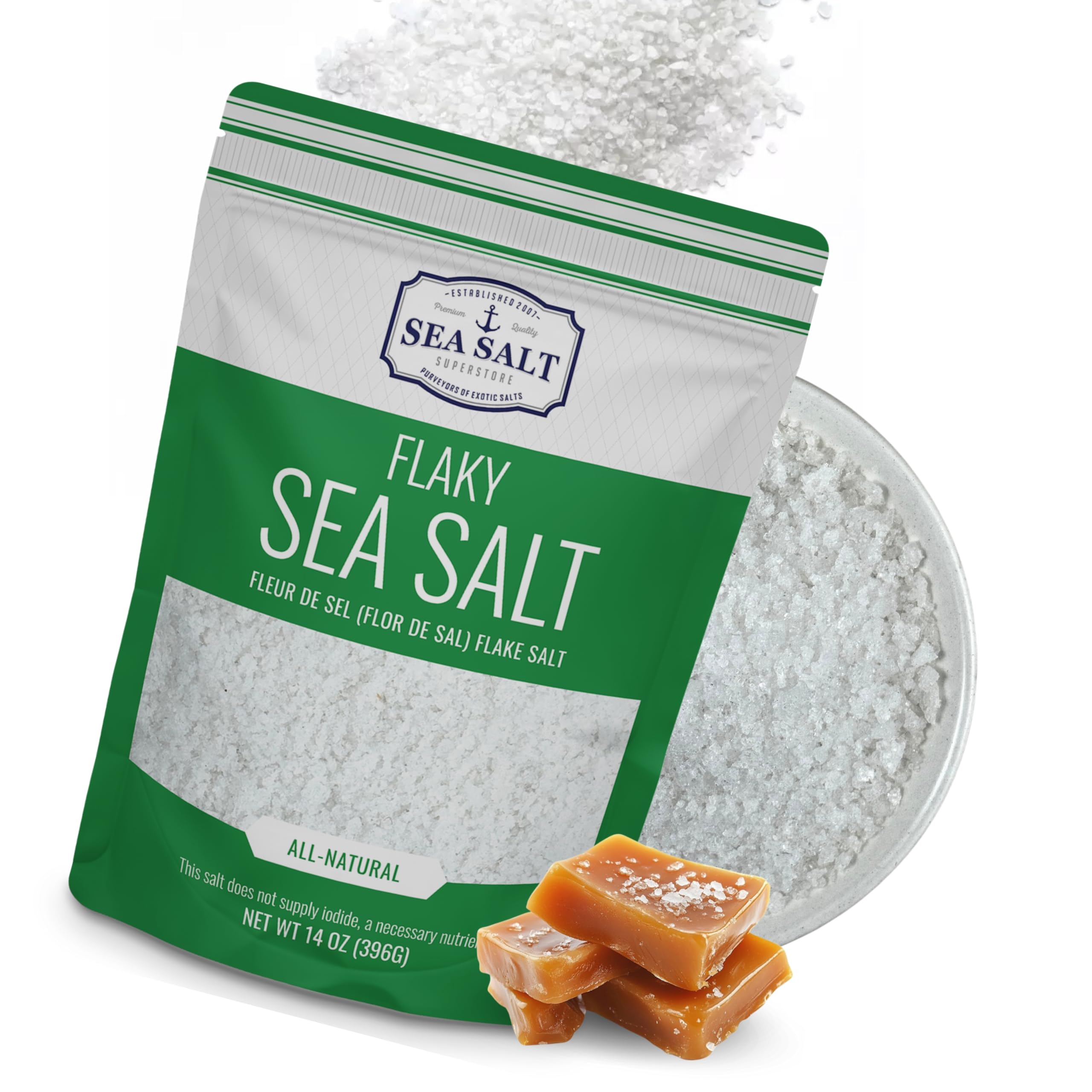 Sea Salt Superstore flaky salt crystals close-up, ideal for finishing and seasoning.