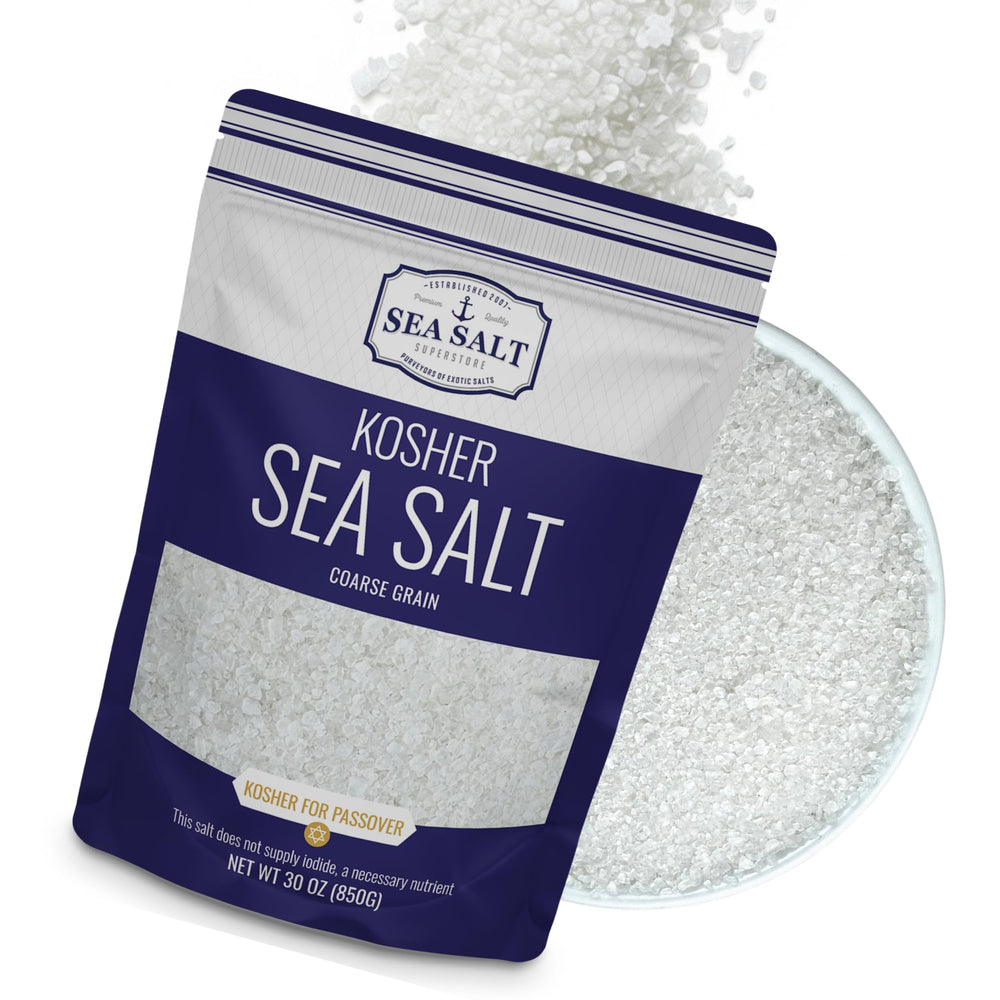 Sea Salt Superstore kosher coarse salt bag highlights unrefined texture for even seasoning.