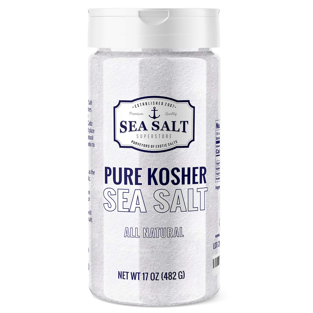 Sea Salt Superstore kosher fine grain non-iodized 1 lb shaker for versatile seasoning