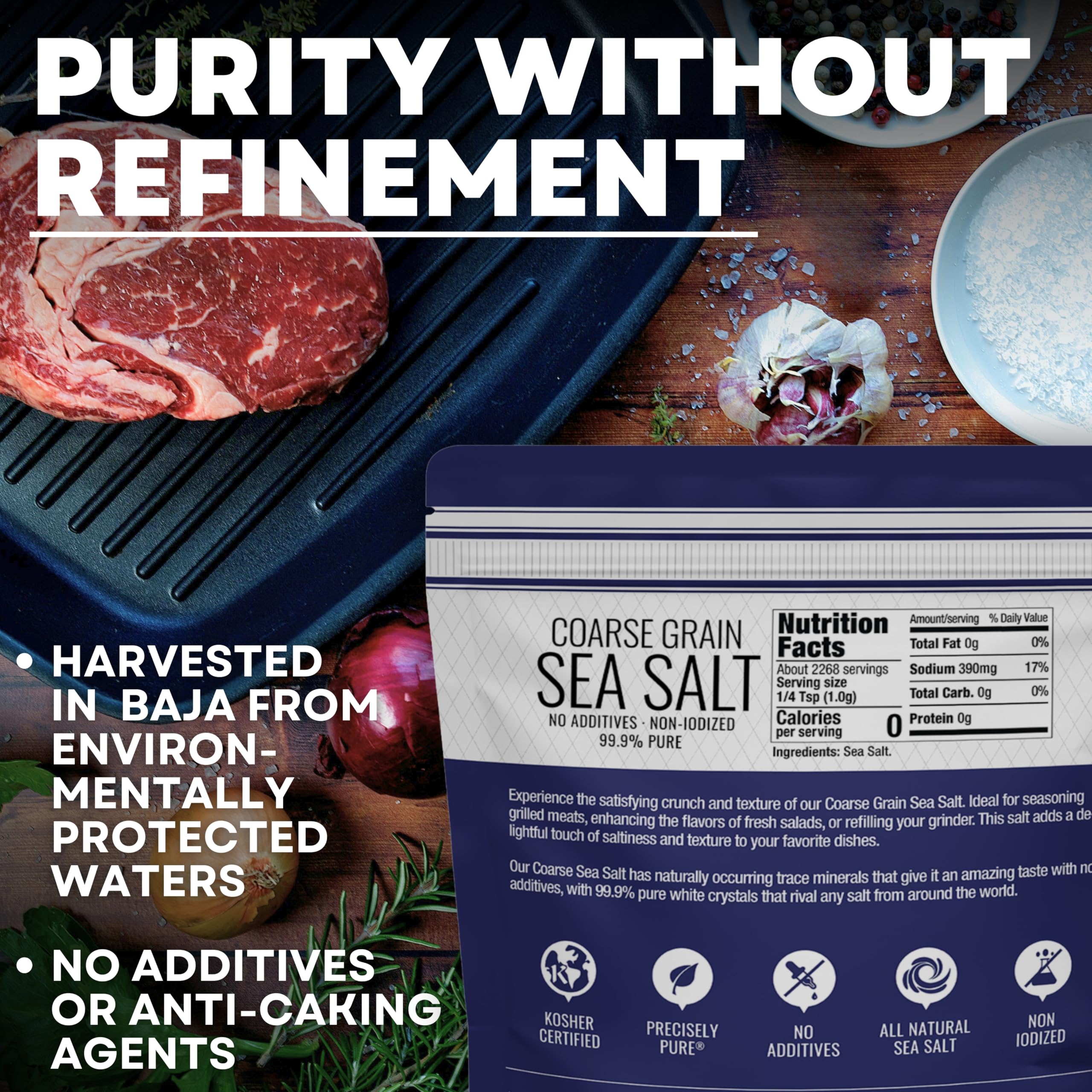 Sea Salt Superstore mineral-rich Baja salt pour enhances flavors.
