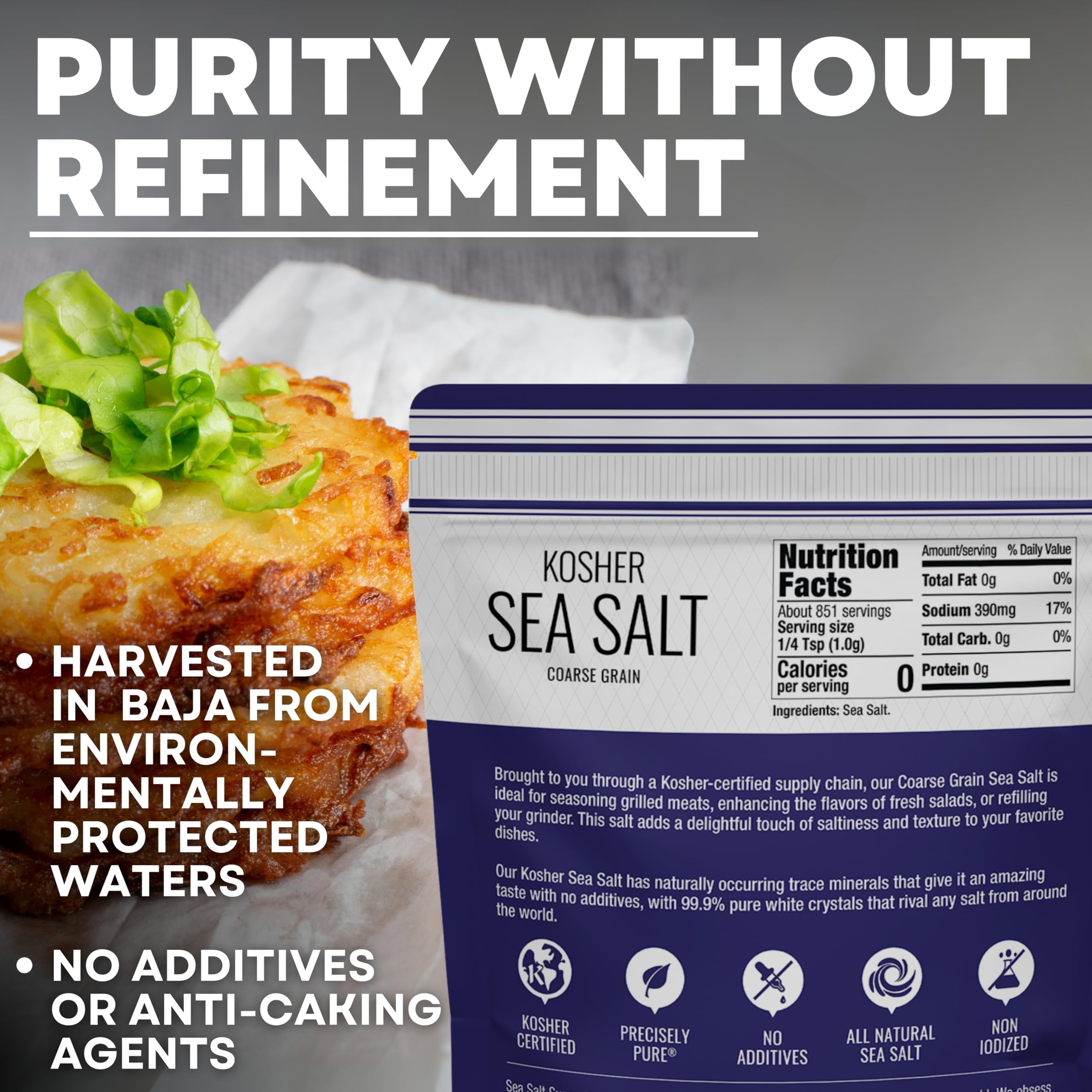 Sea Salt Superstore non-iodized coarse-grain salt jar emphasizes clean flavor for cooking.