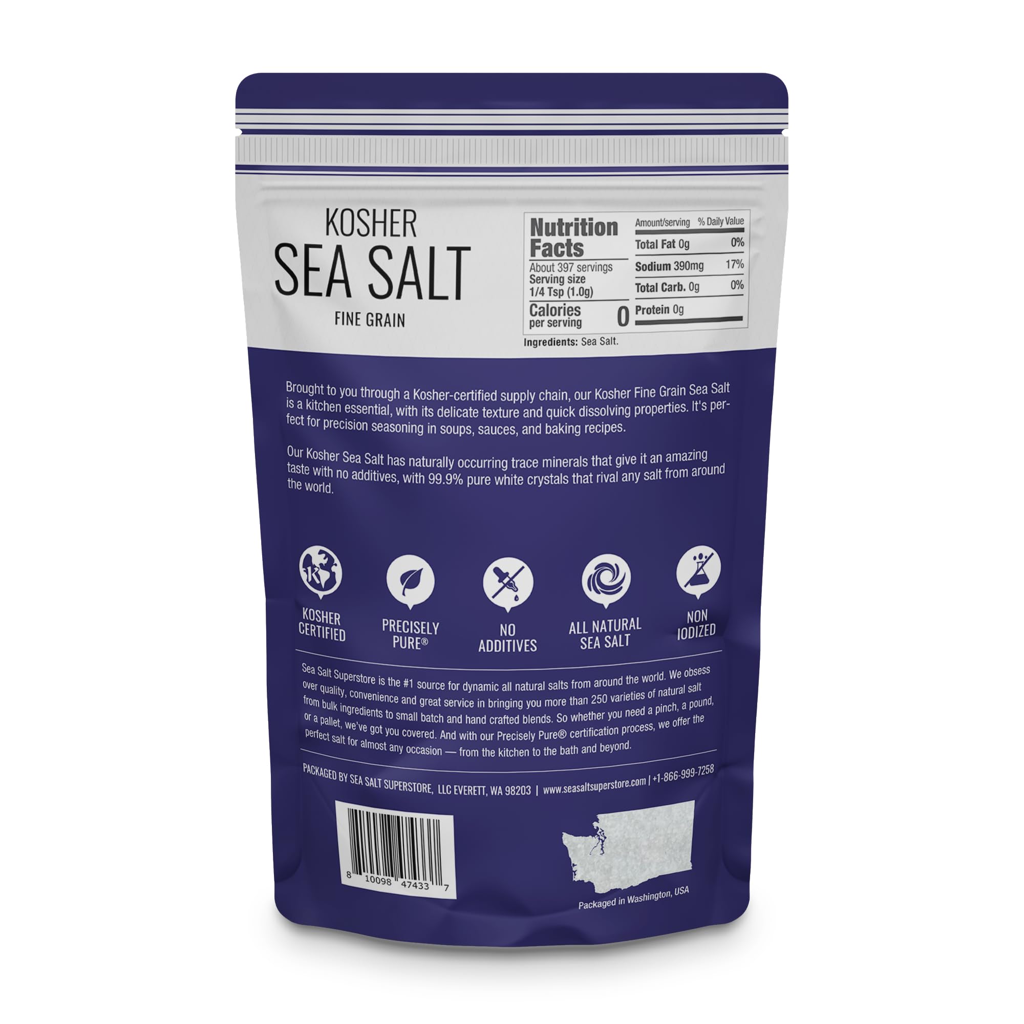 Sea Salt Superstore non-iodized salt bottle demonstrates fast dissolution for even seasoning