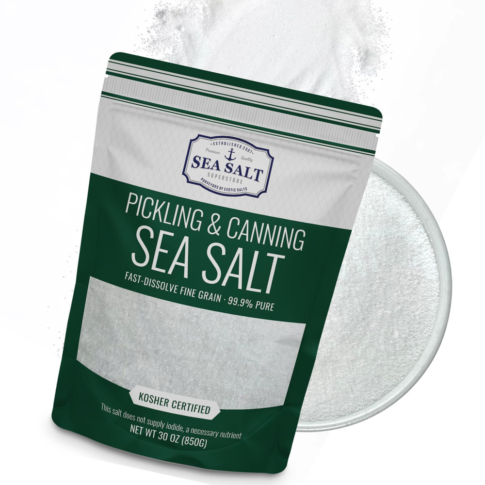Sea Salt Superstore pickling salt 30oz bag for consistent brine and crisp results.