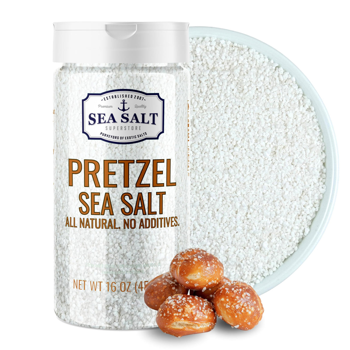 Sea Salt Superstore pretzel coarse 1lb adds traditional crunch to soft pretzels.