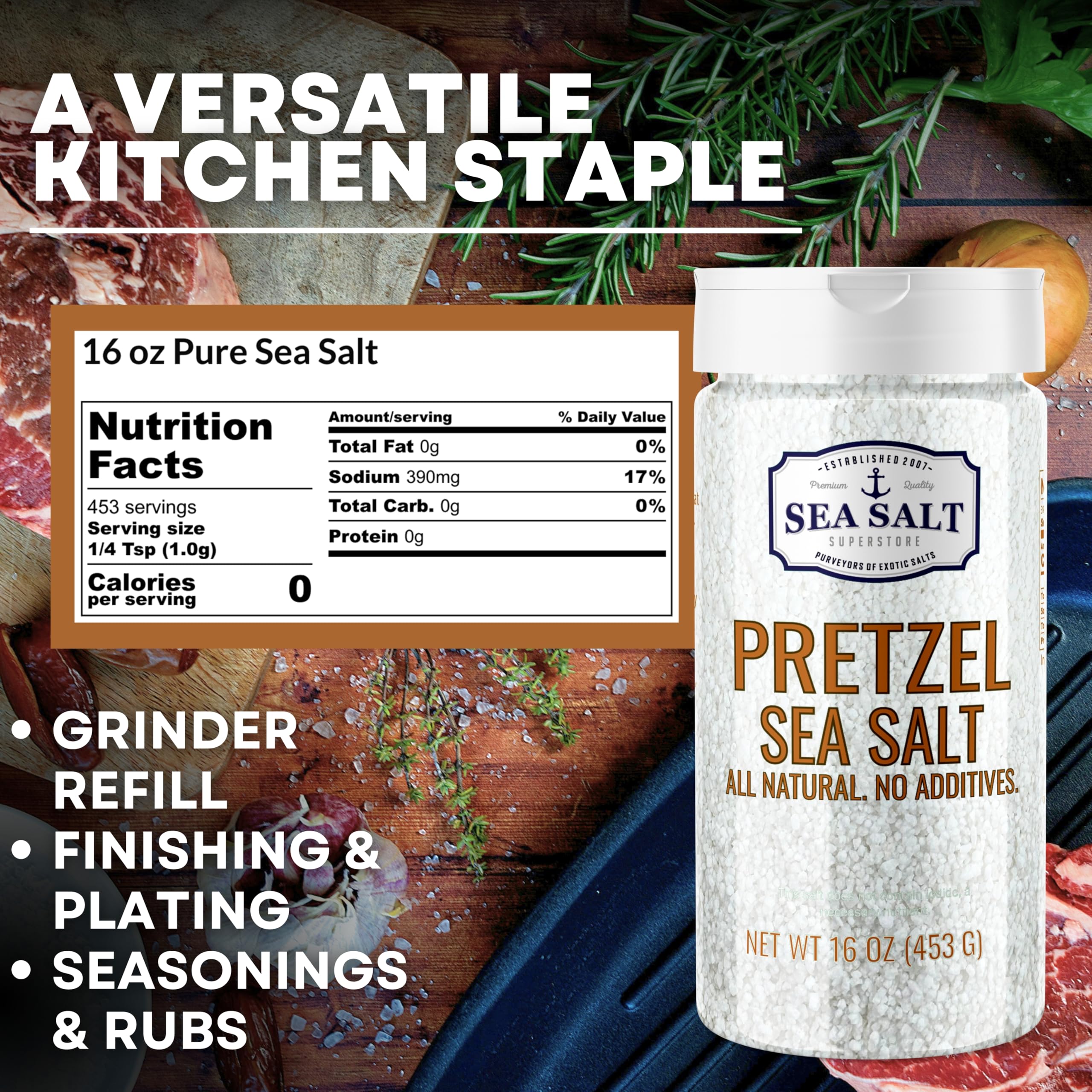 Sea Salt Superstore pretzel salt heat-resistant oven-safe finish for baked treats.