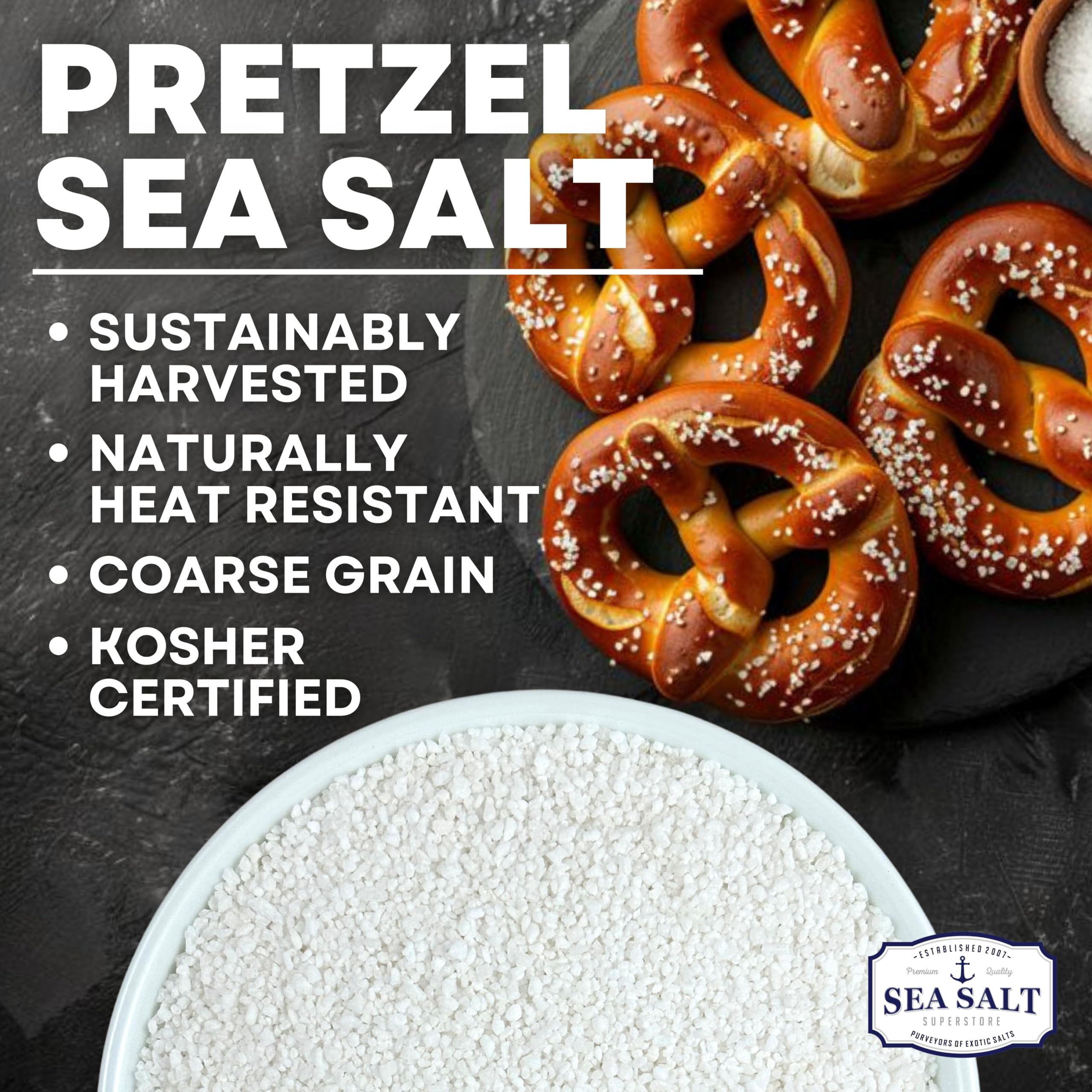 Sea Salt Superstore pretzel salt coating on a pretzel during bake