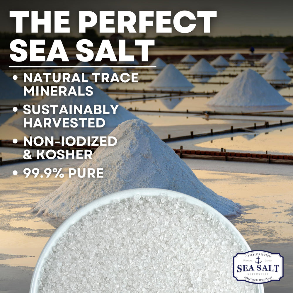 Sea Salt Superstore pure unrefined salt crystal close-up for gourmet seasoning.